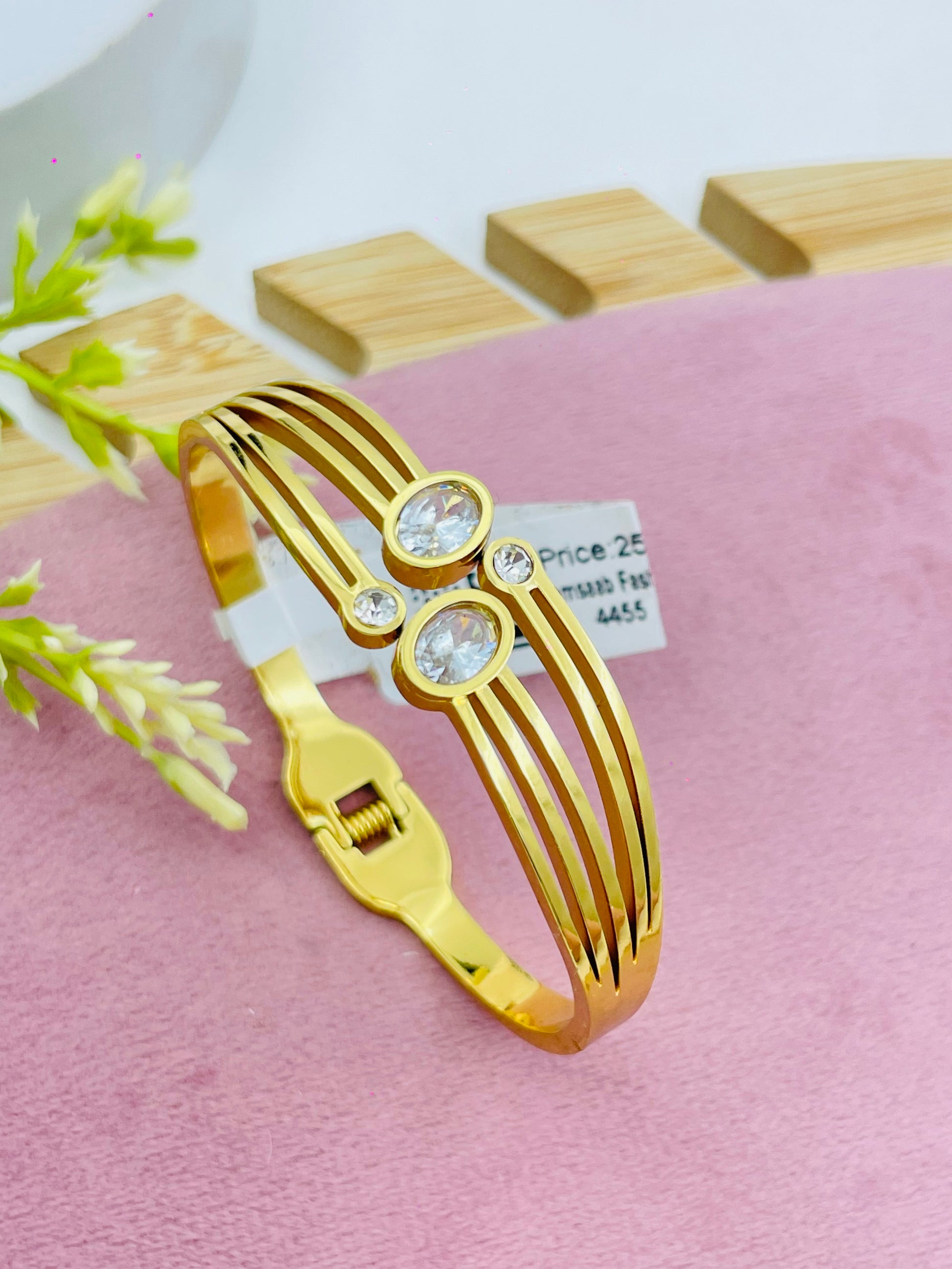 Elegant Gold Tone Dual Stone Cuff Bracelet