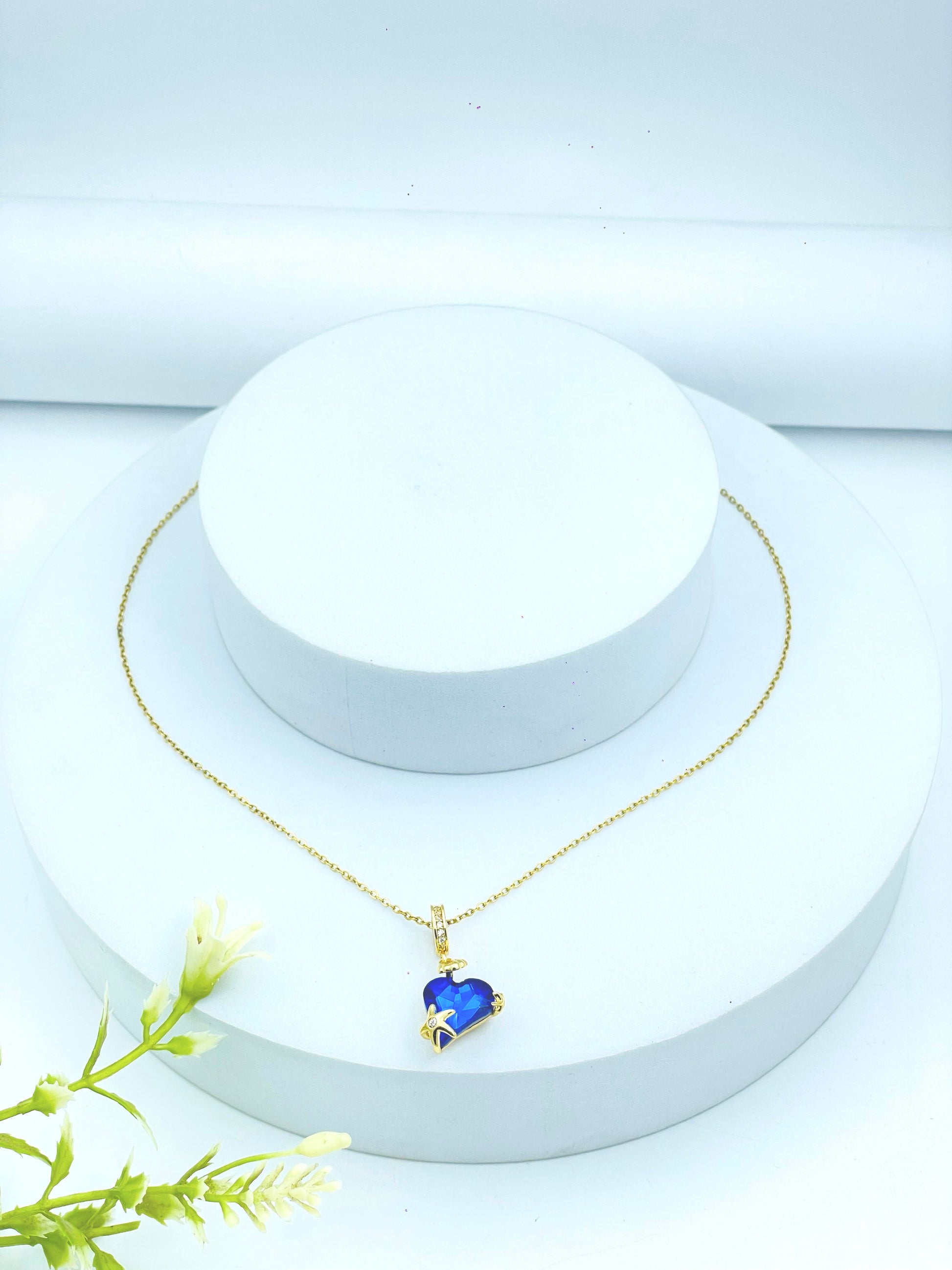 Elegant Blue Heart Pendant Necklace  Gold Chain