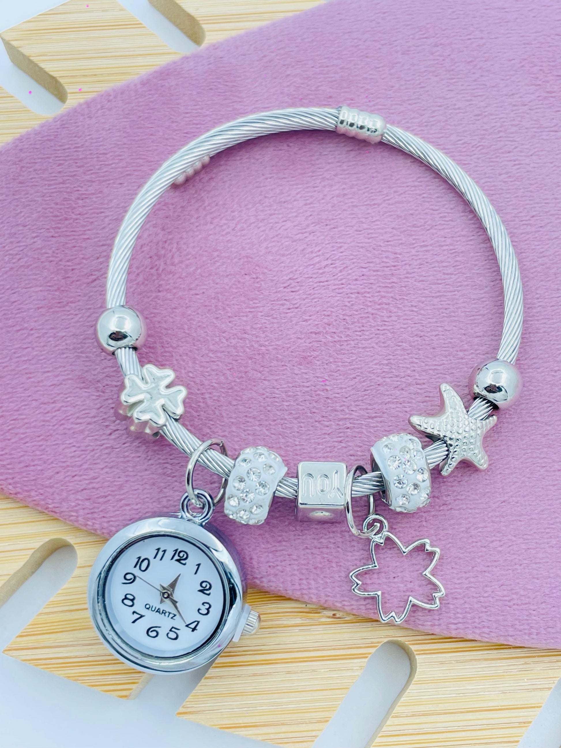Silver Charm Bracelet with Quartz Watch – Starfish & Flower Charms