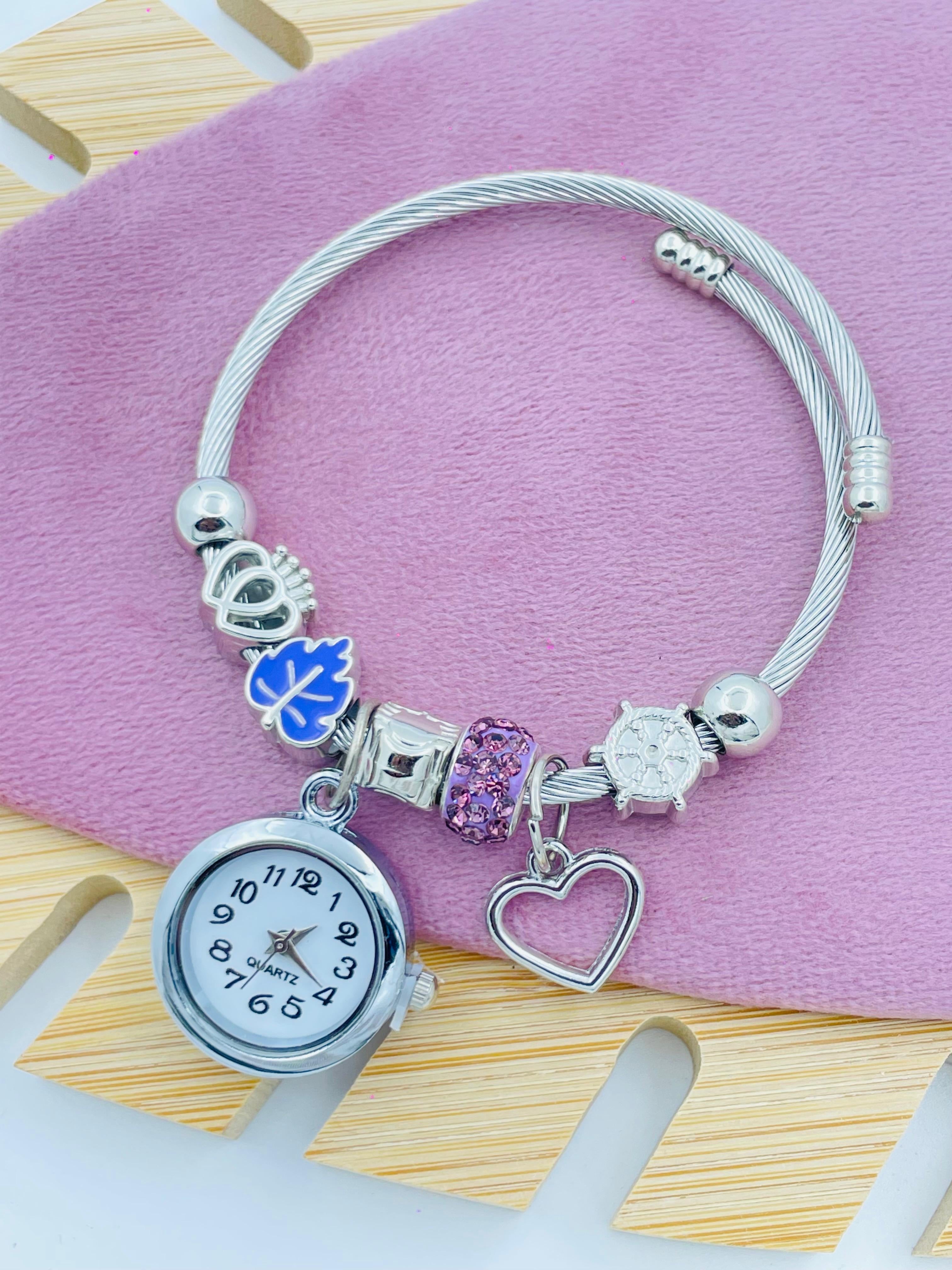 Silver Charm Bracelet with Quartz Watch – Heart & Nautical Wheel Charms