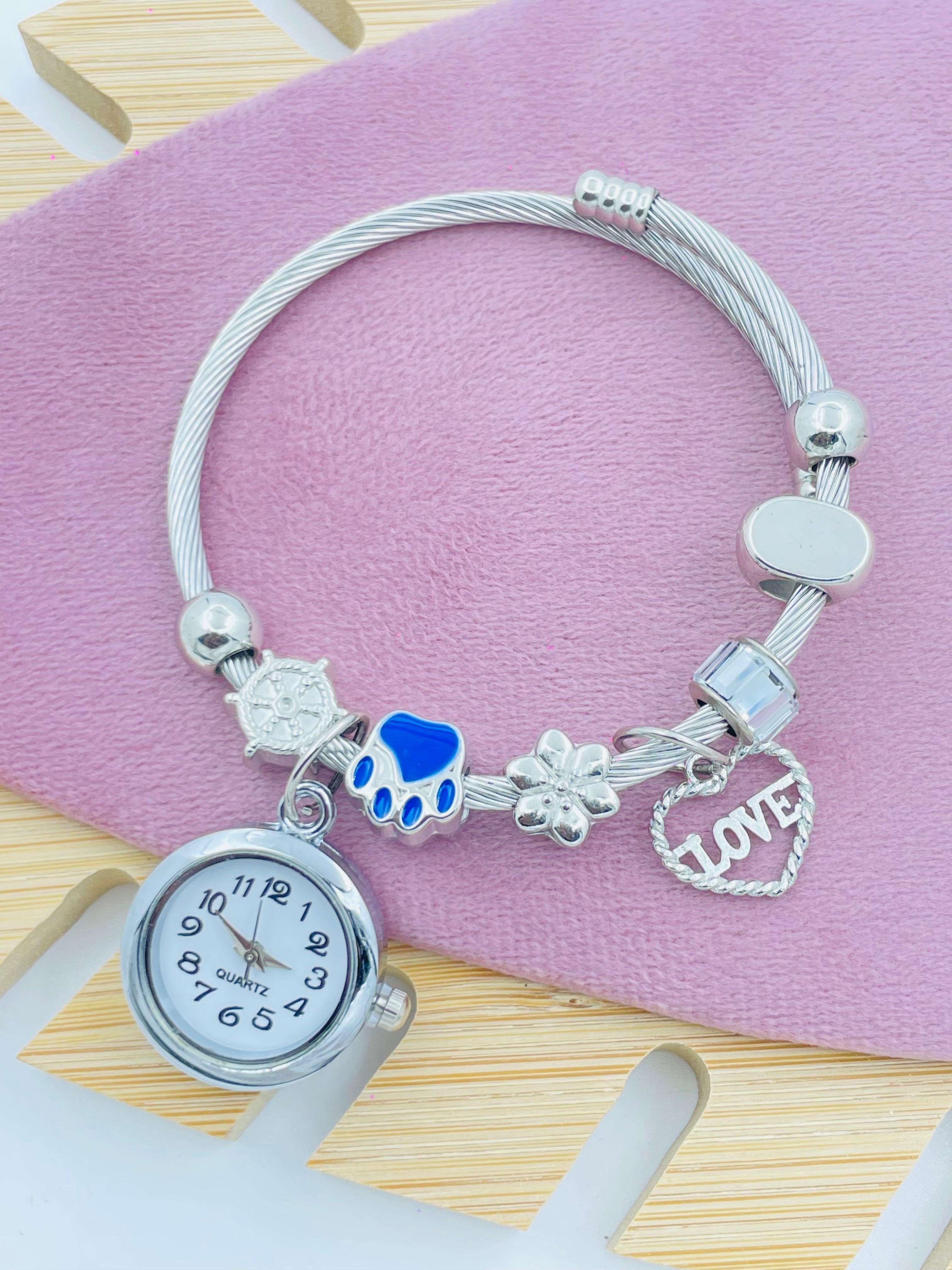 Silver Charm Bracelet with Quartz Watch – Love Heart & Nautical Wheel Charms