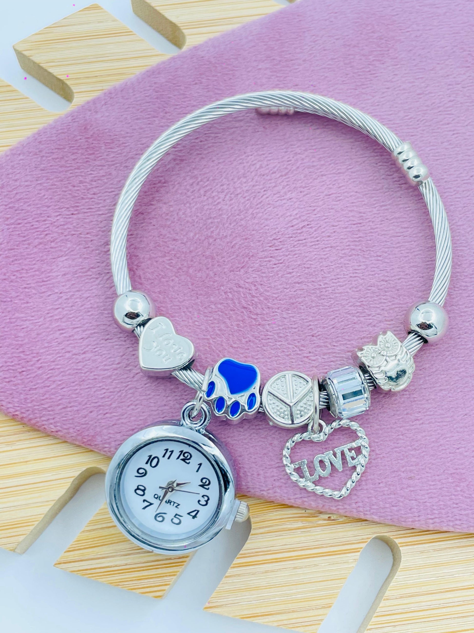 Silver Charm Bracelet with Quartz Watch – Love Heart & Peace Symbol Charms