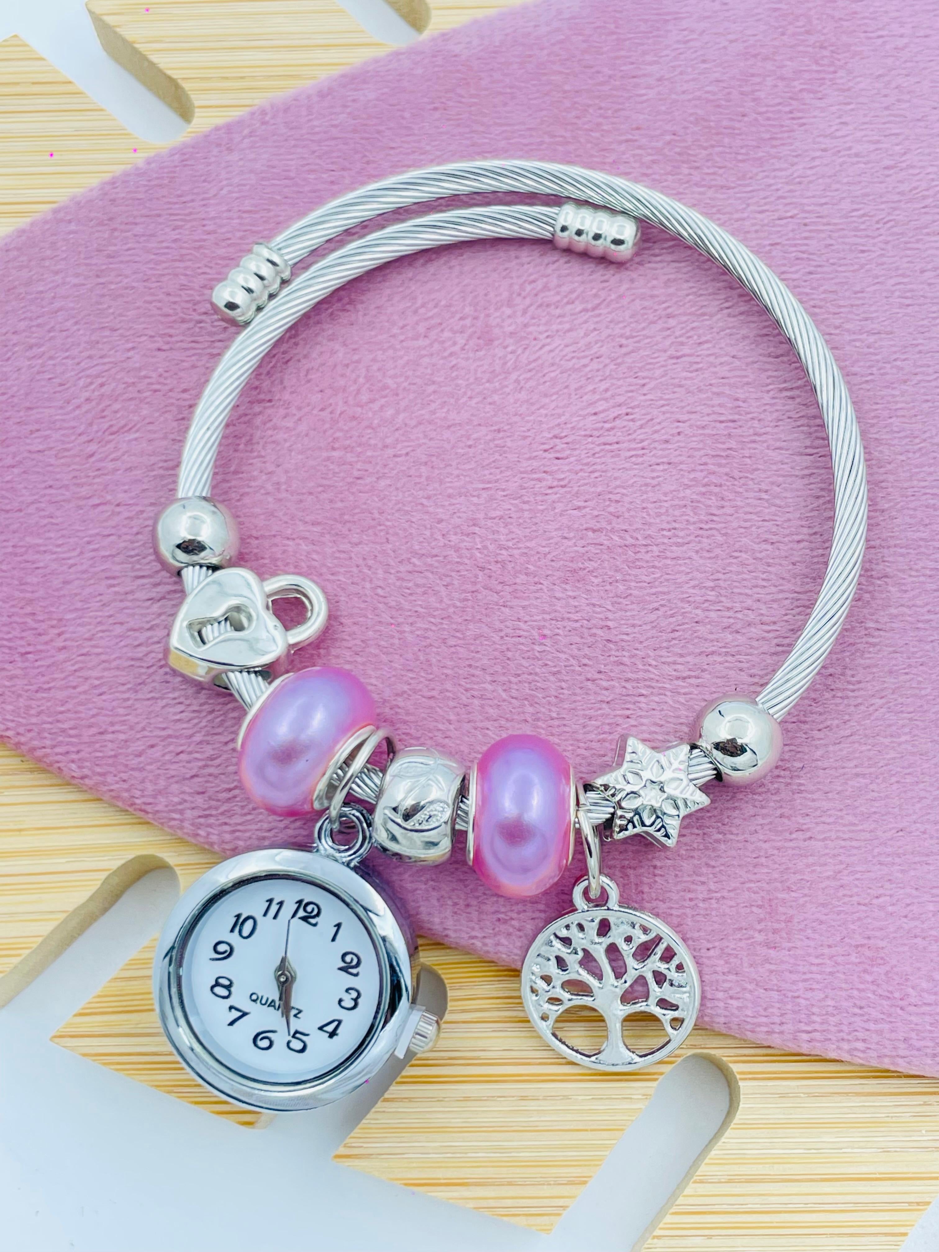 Elegant Silver Bracelet Watch with Pink Beads & Charms – Tree of Life Design