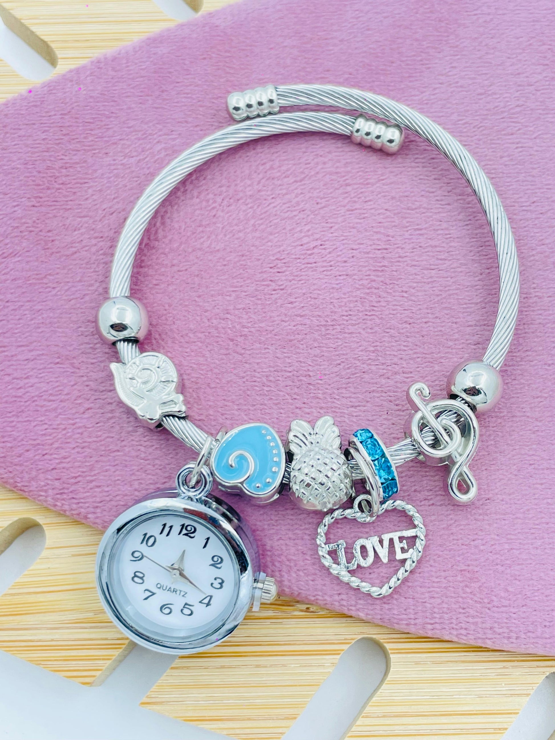Stylish Silver Bracelet Watch with Blue Charms & Love Heart Pendant