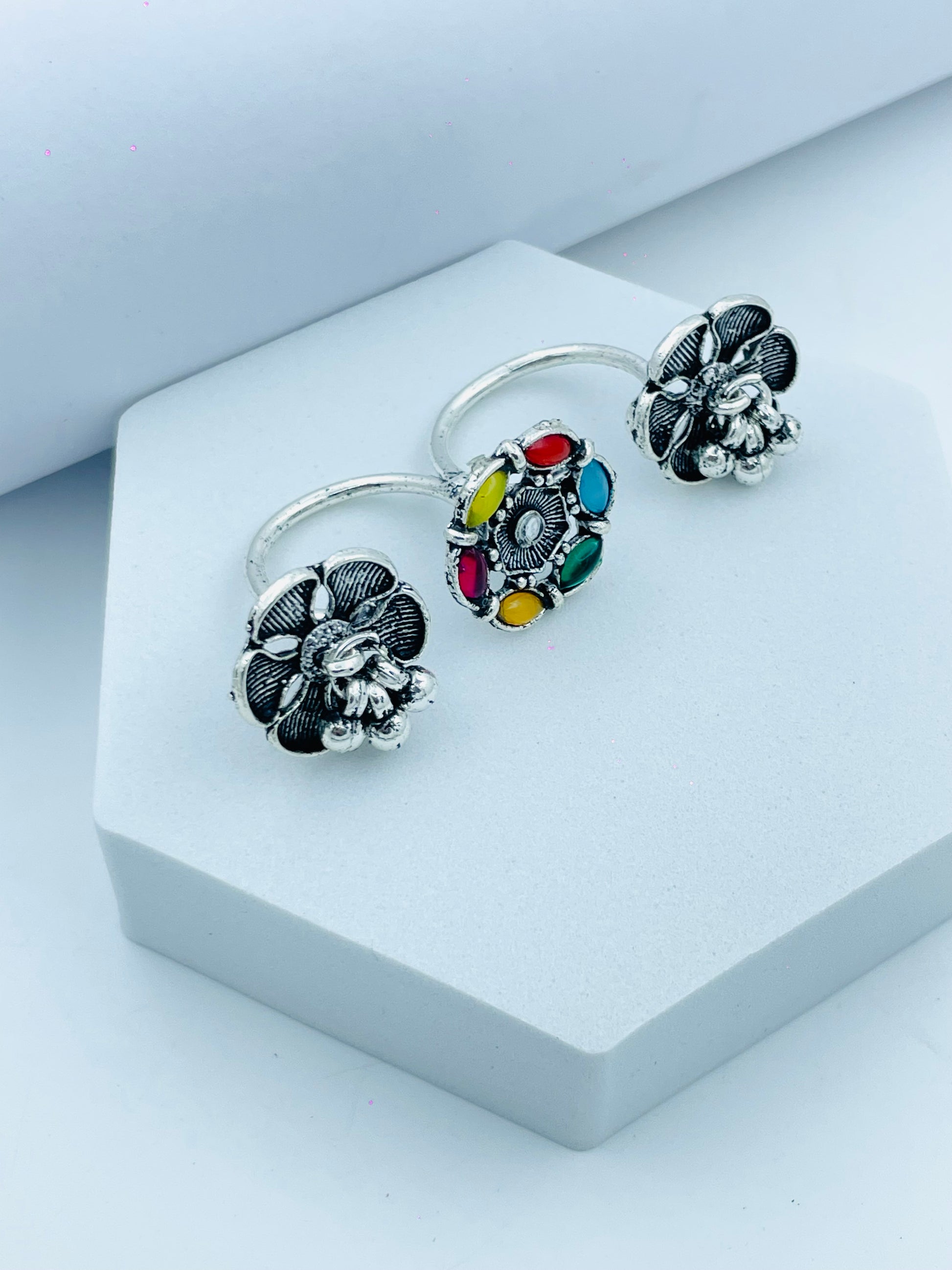 Elegant Silver Dual Flower Ring with Multicolor Gems