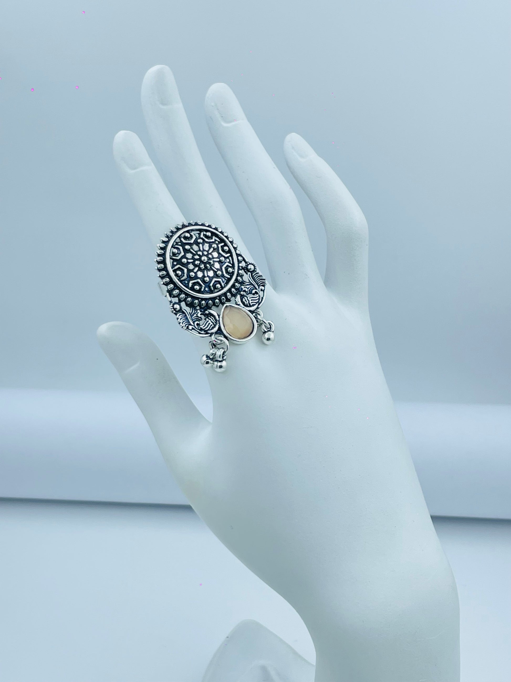 Beautiful Intricate Silver Oval Ring with Gemstones