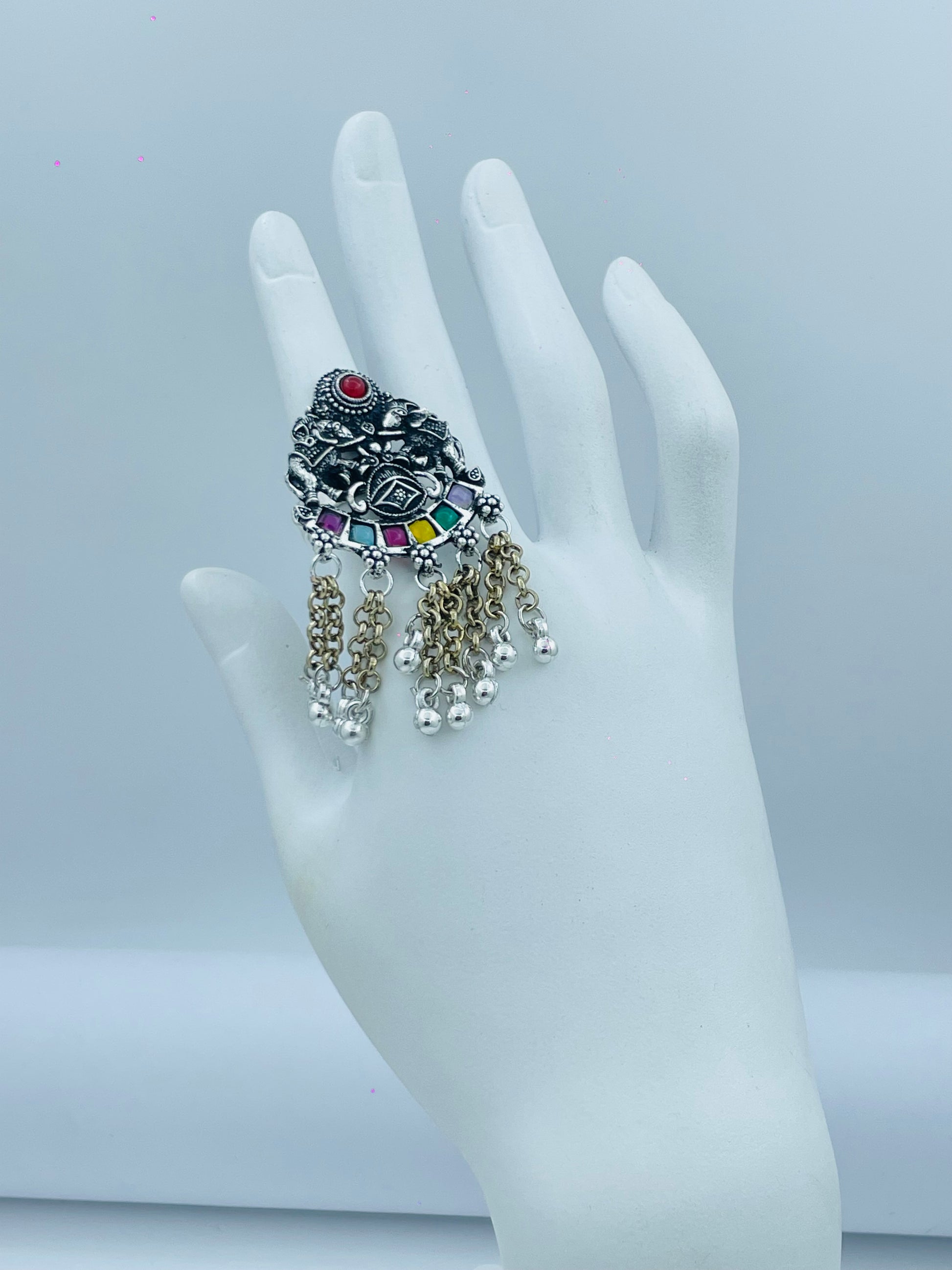 Trendy Multicolor Oxidized Ring with Charms
