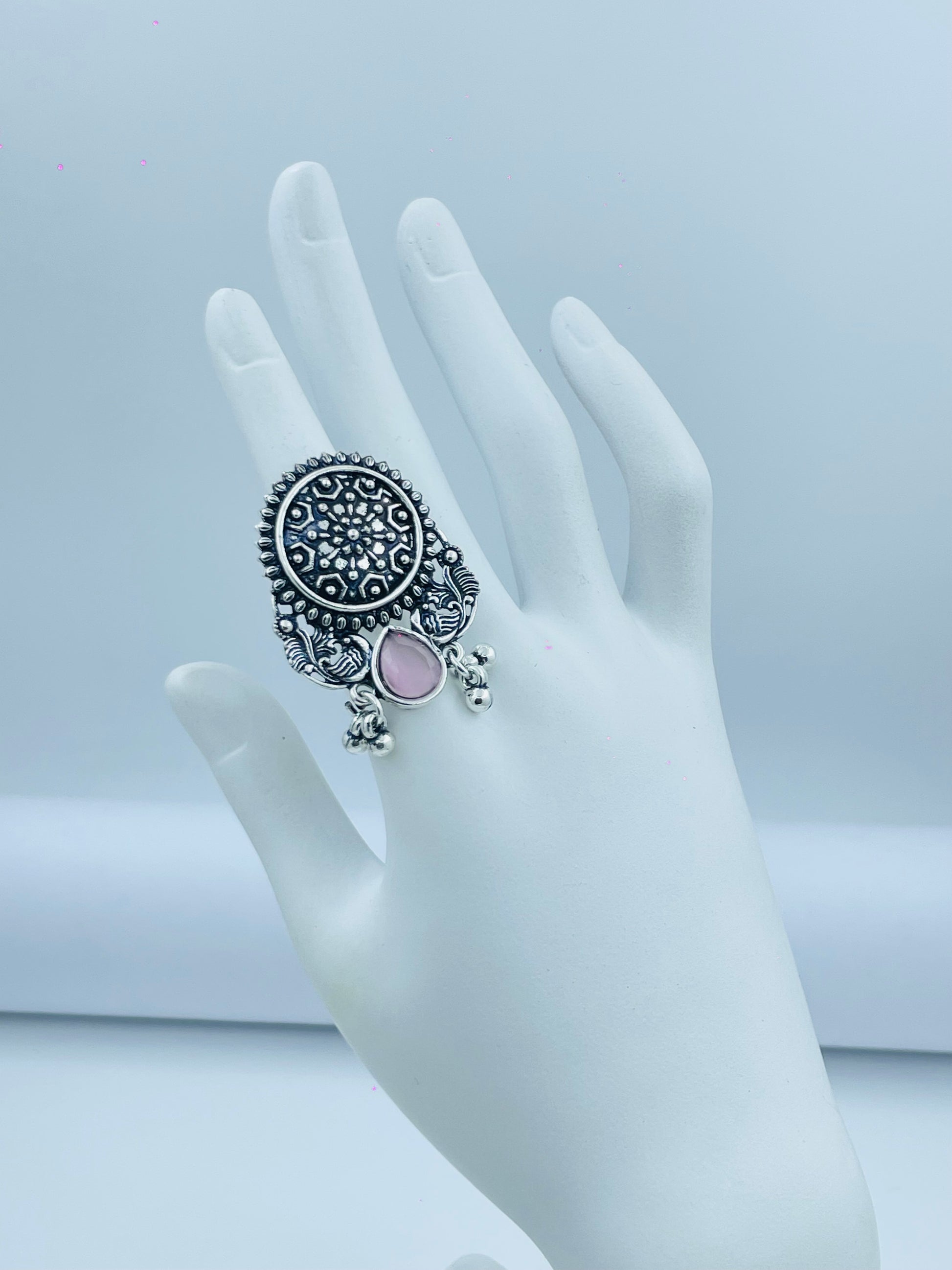 Elegant Silver Statement Ring with Pink Stone
