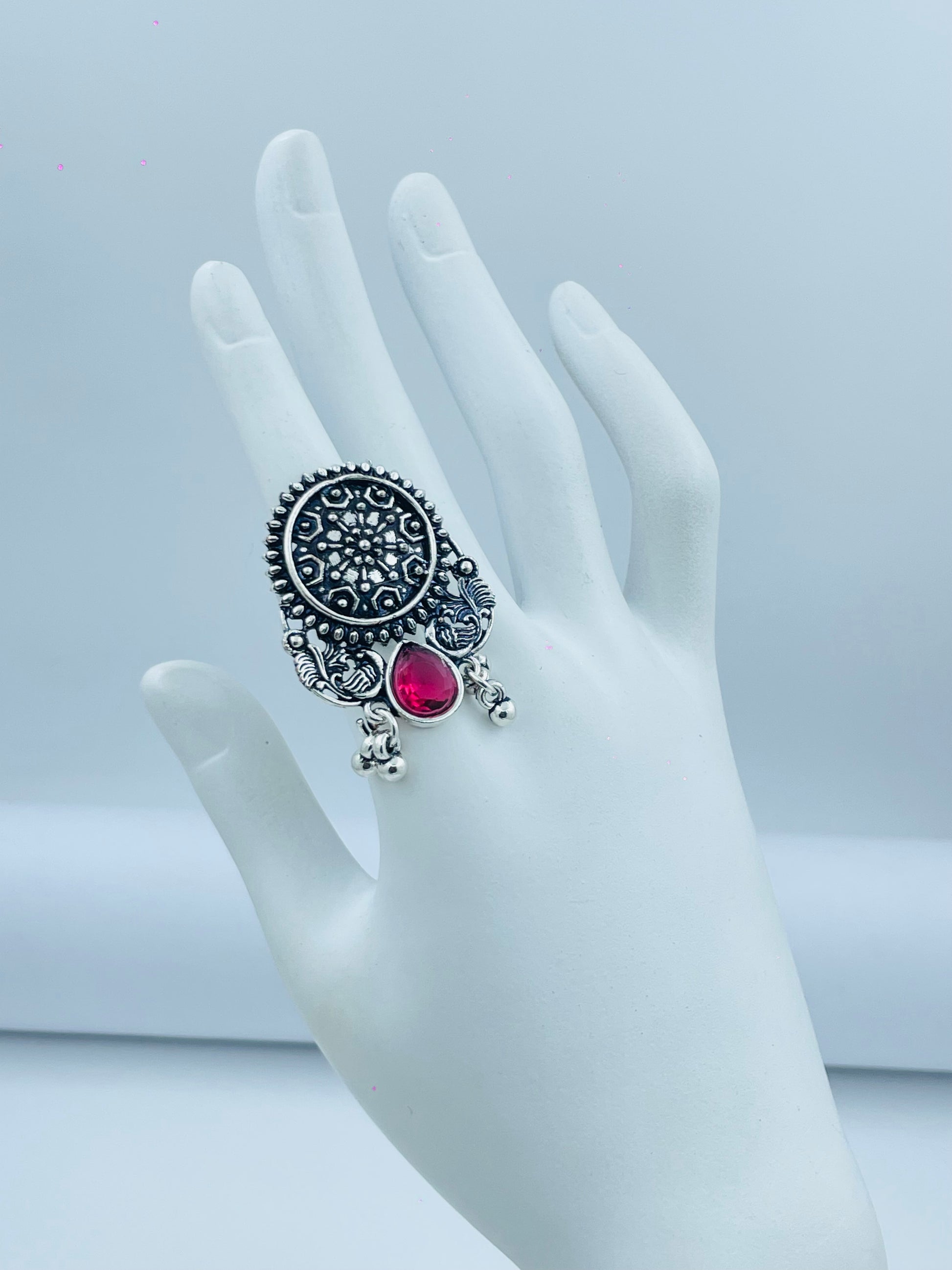 Ethnic Silver Oxidized Ring with Red Stone  Elegant Jewelry