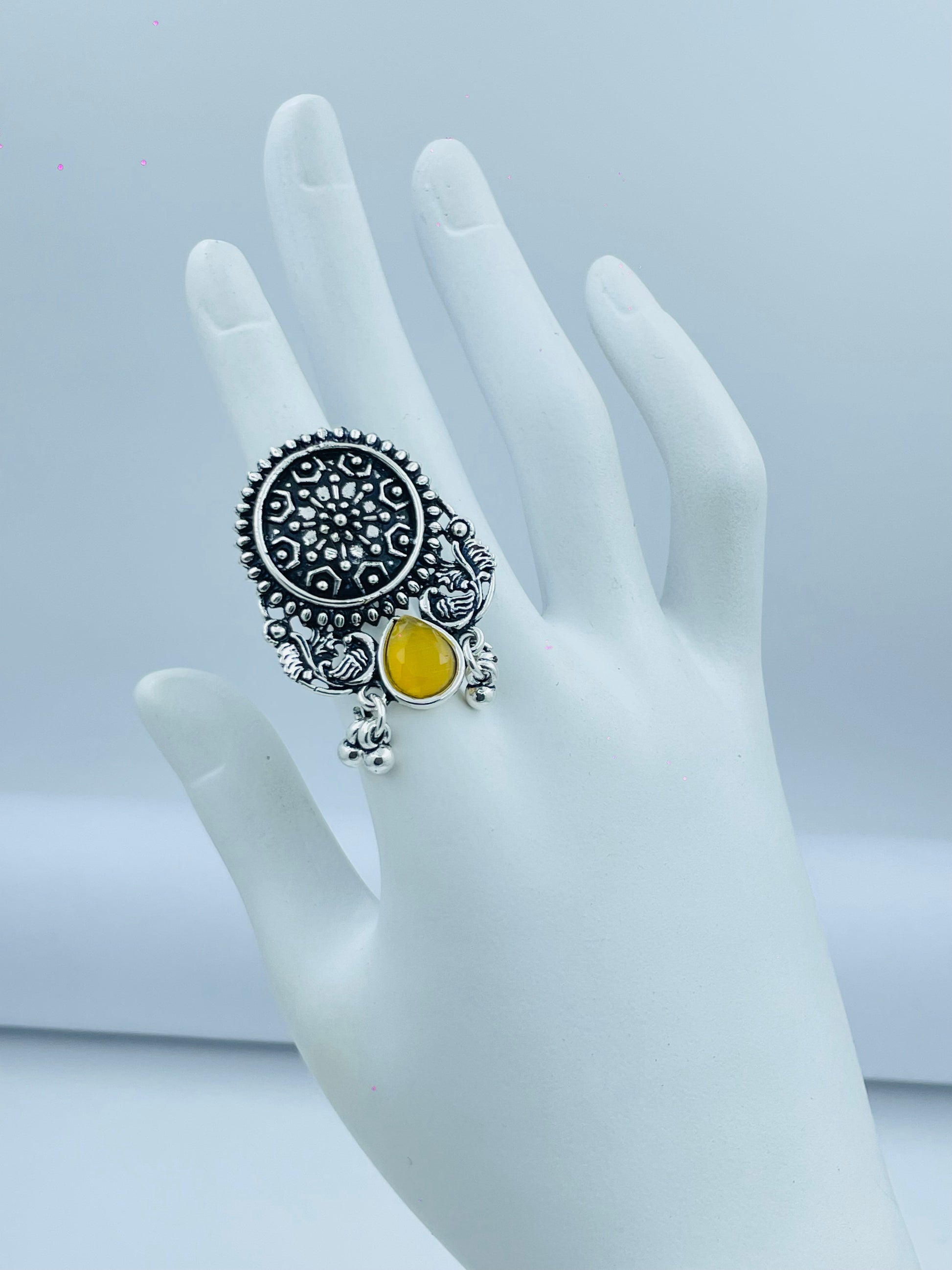 Bohemian Silver Floral Ring with Yellow Stone