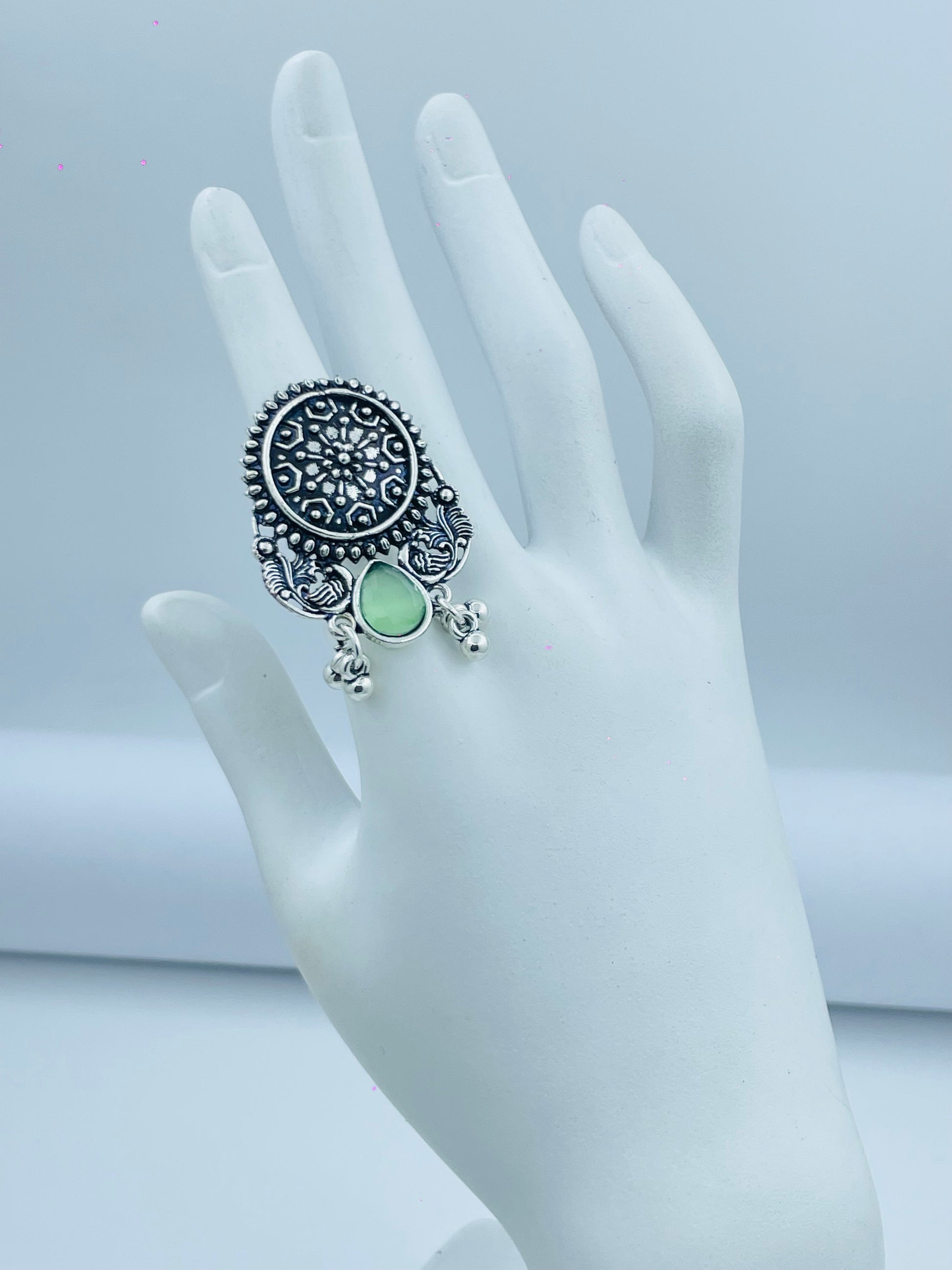 Silver Oxidized Statement Ring with Intricate Design and Green Stone