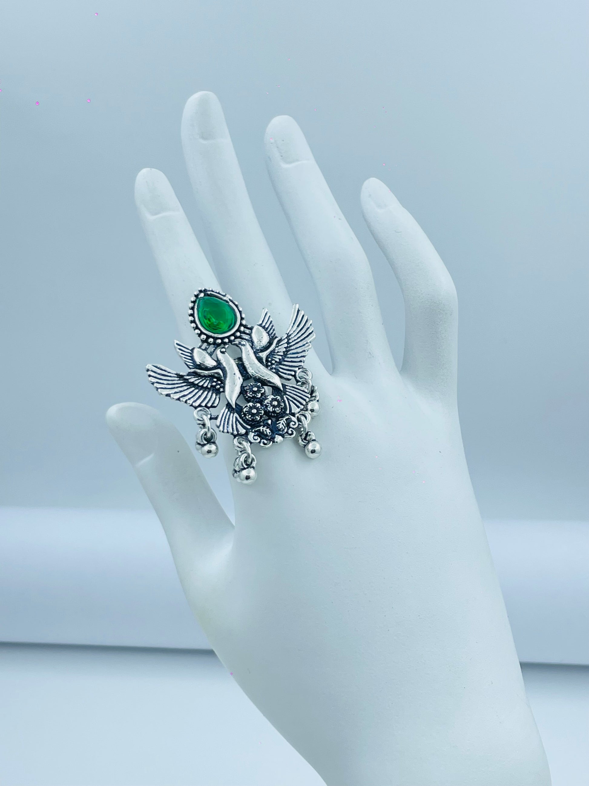 Elegant Silver Oxidized Peacock Finger Ring with Green Gemstone