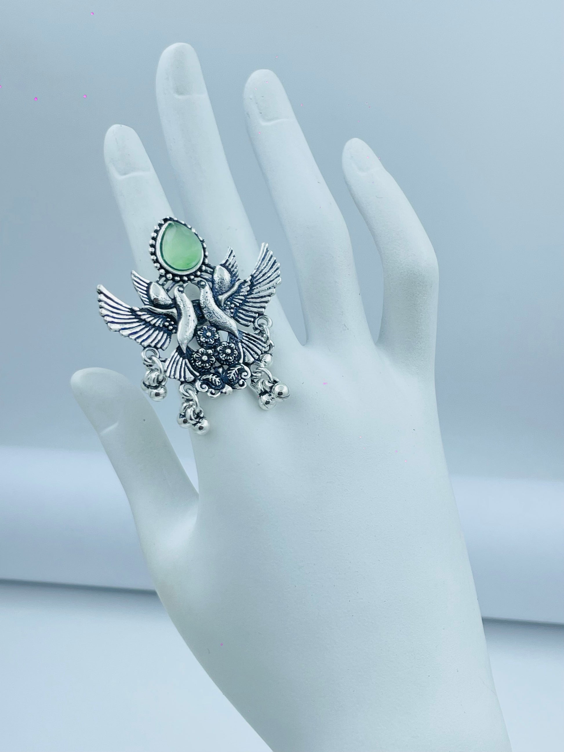 Exquisite Silver Adjustable Ring with Green Stone