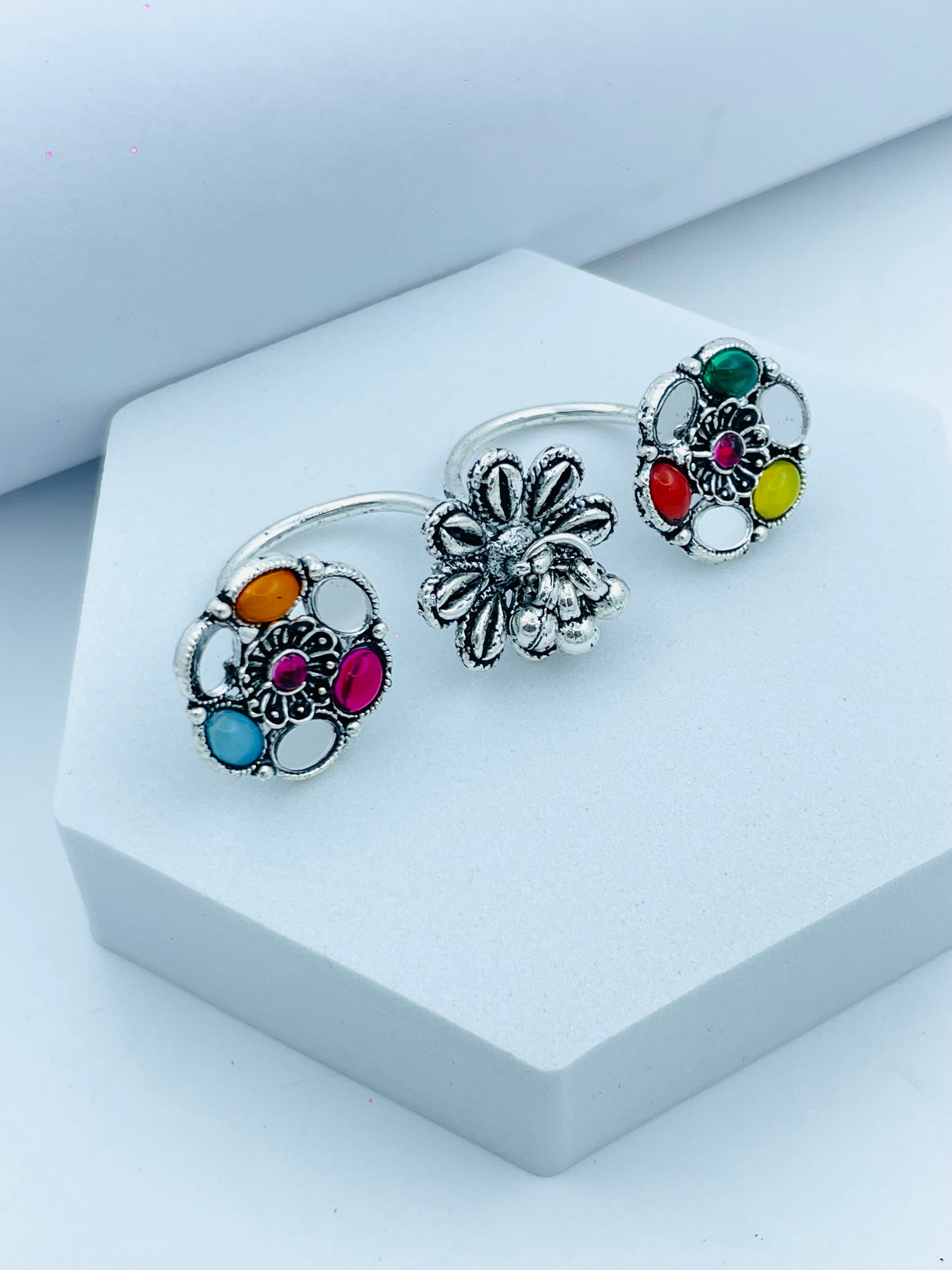 Elegant Silver Adjustable MultiColor Stone Ring Trio