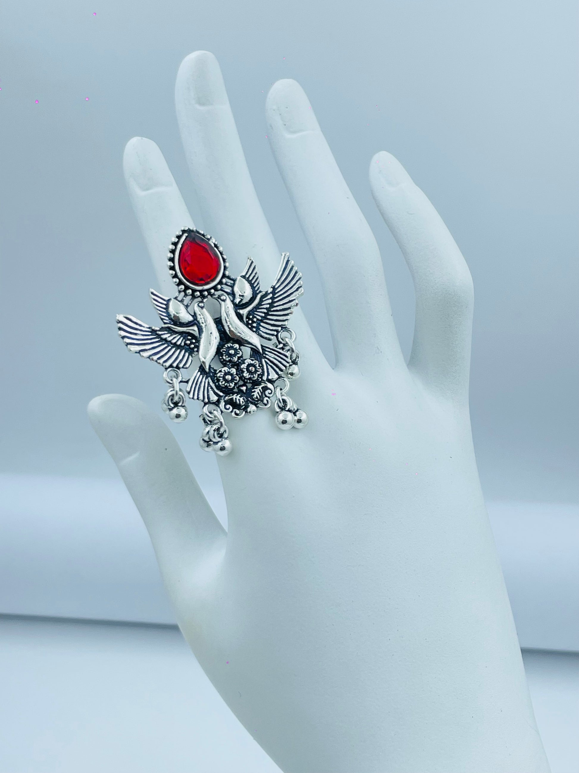 Silver Tribal Statement Ring with Red Stone  Unique Design