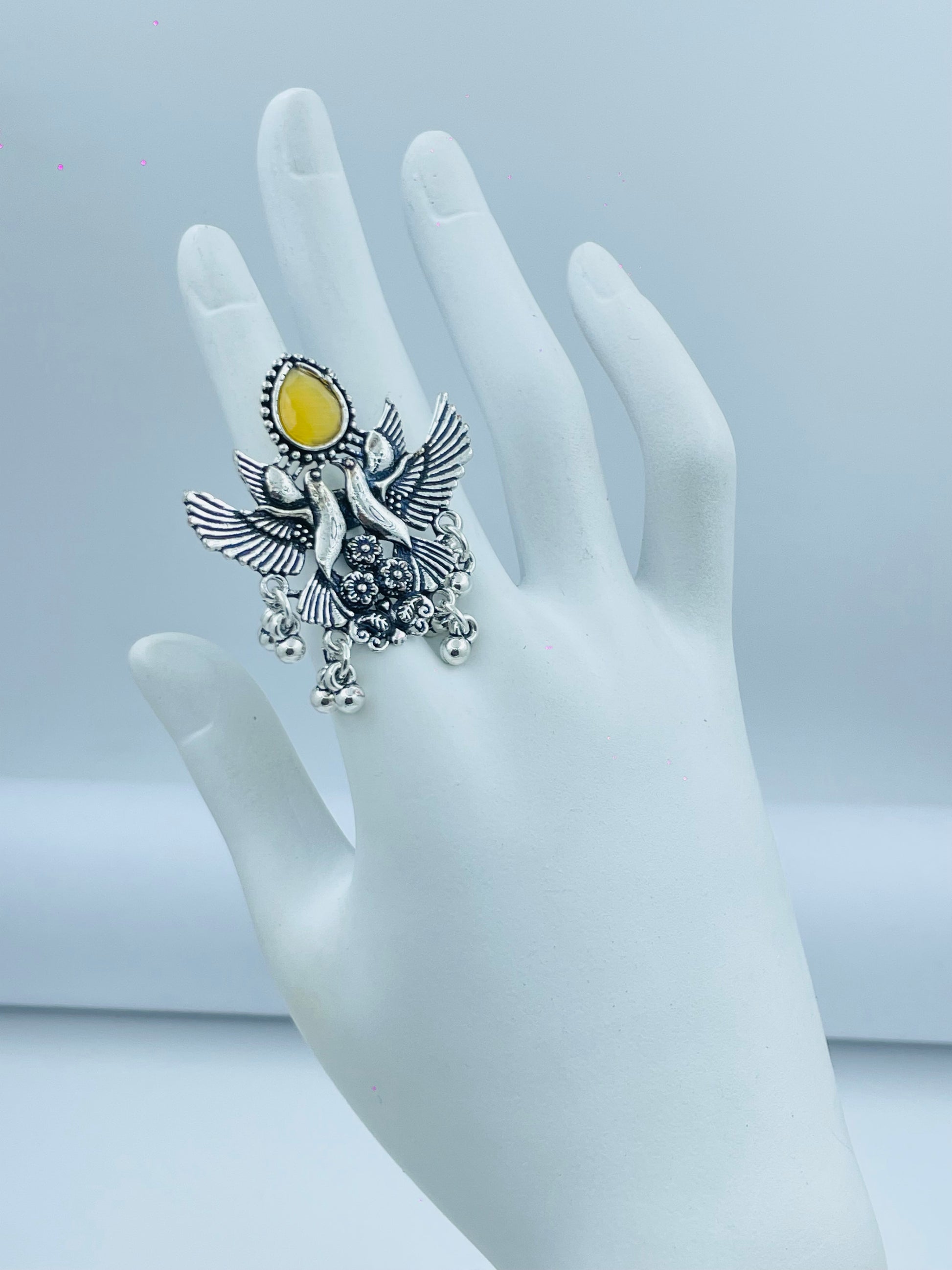 Antique Silver Bird Ring with Yellow Stone