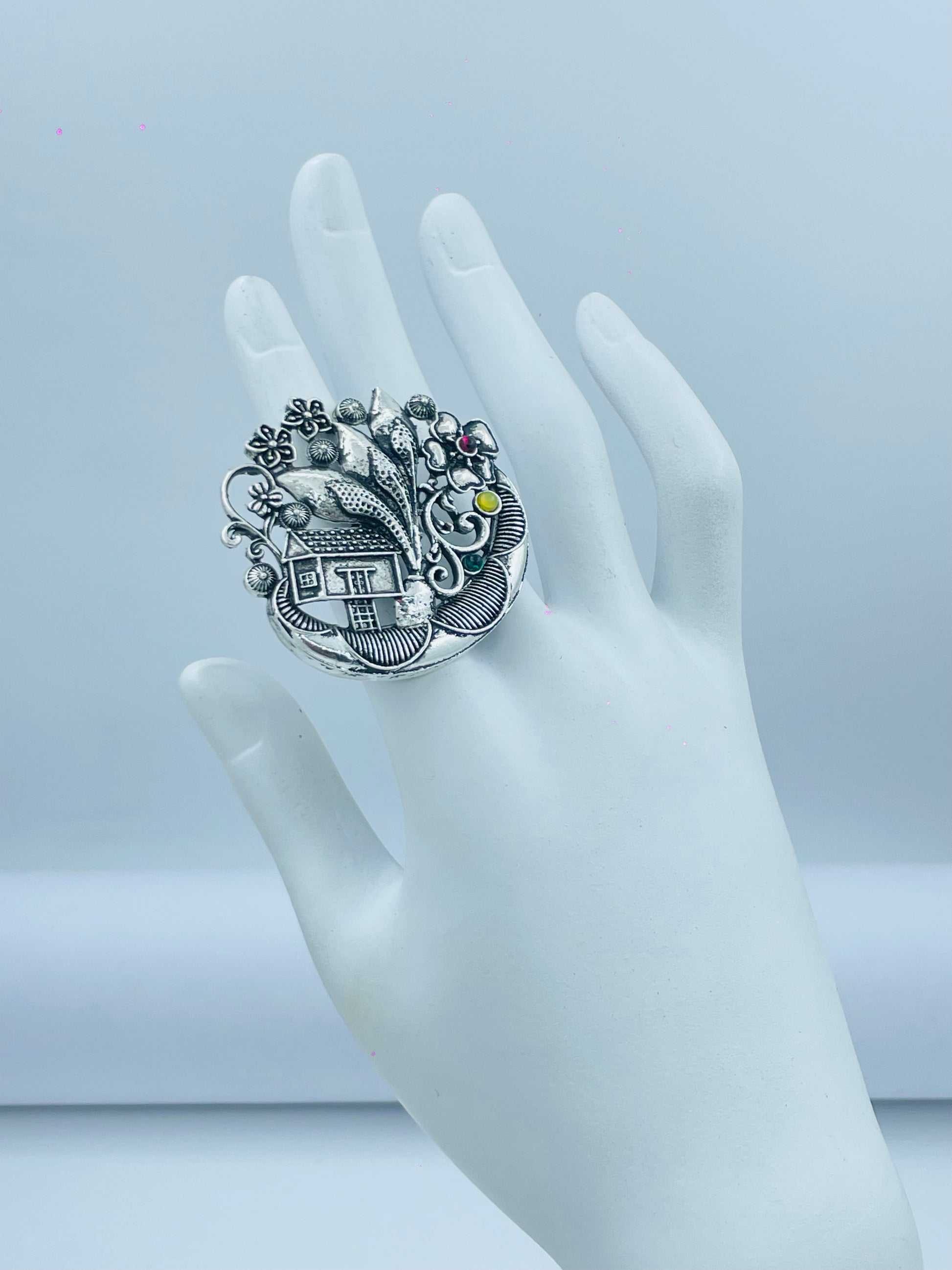 Exquisite Silver House Floral Ring  Handcrafted