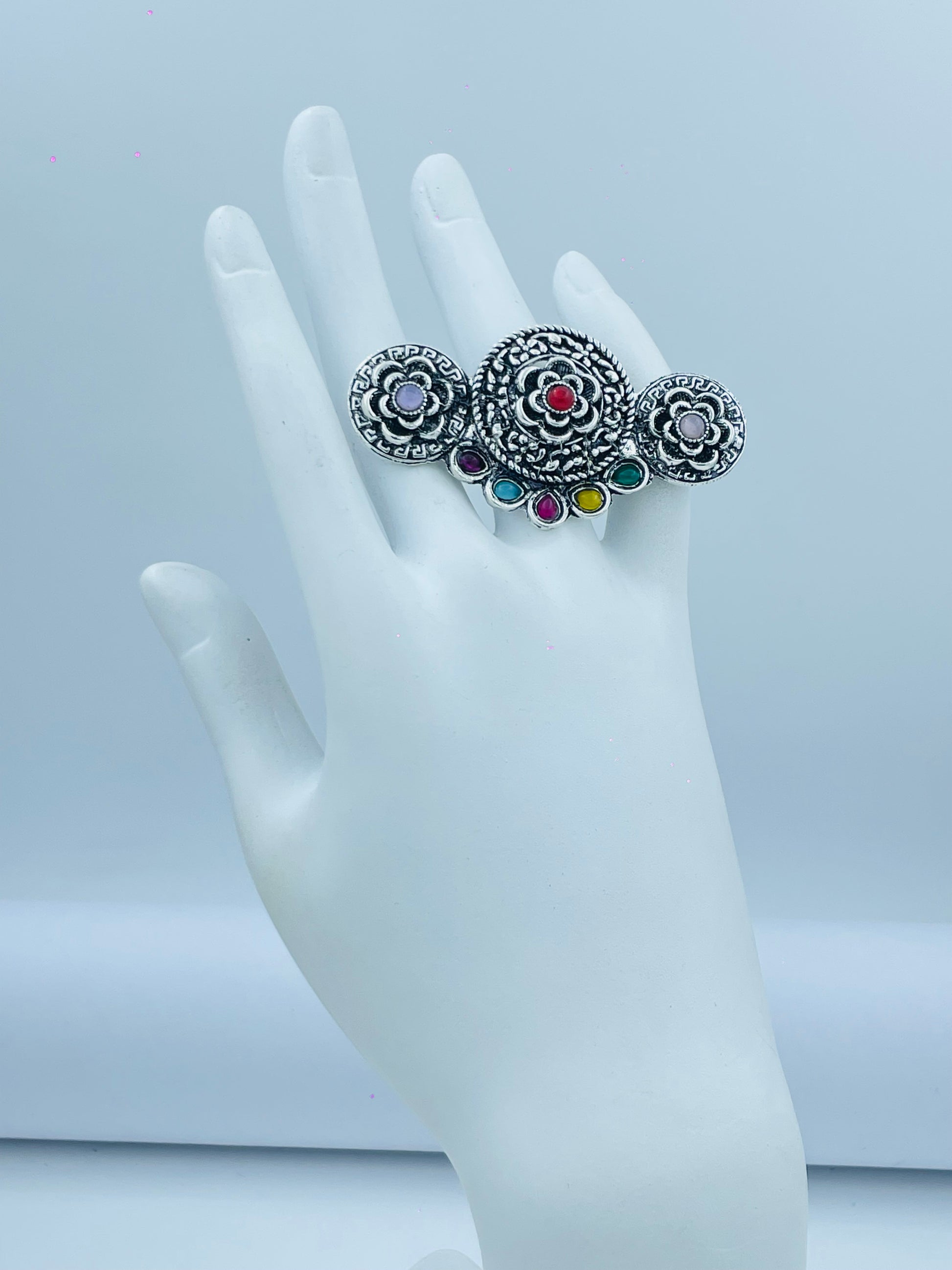 Elegant Adjustable Silver Floral Statement Ring