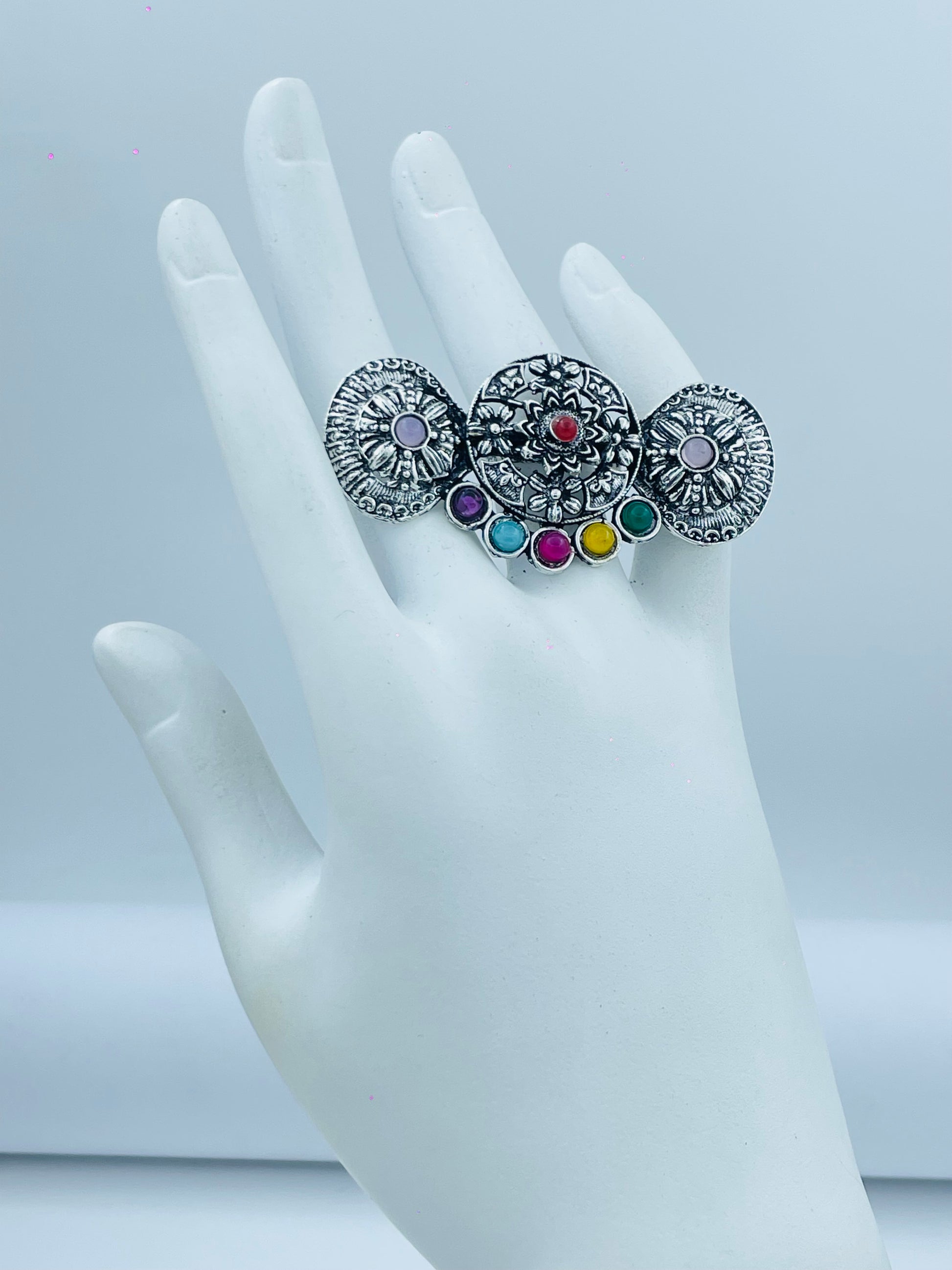 Ethnic Silver Tone Adjustable Ring with Multicolored Stones