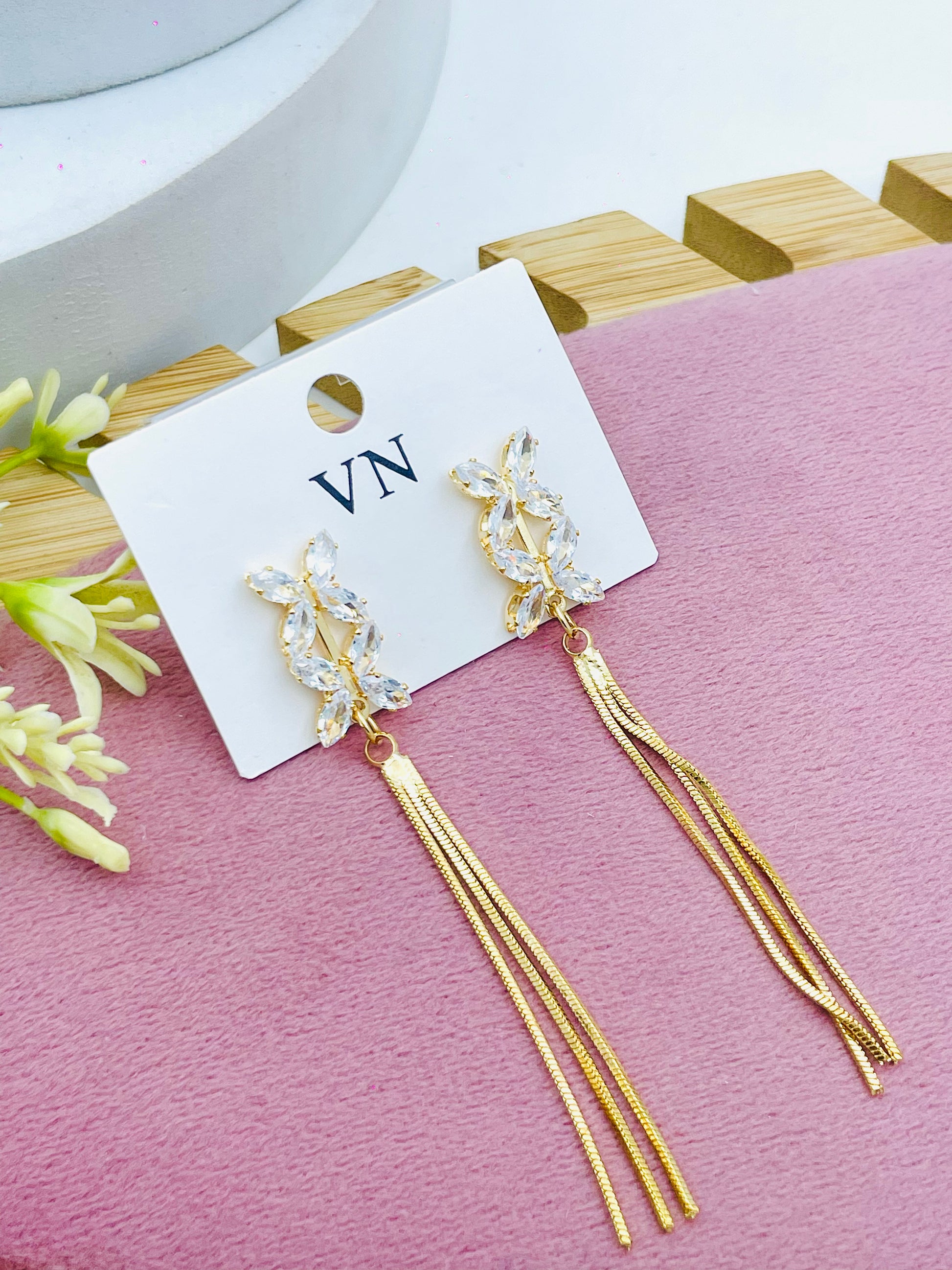 Elegant Gold Leaf Dangle Earrings with Crystals