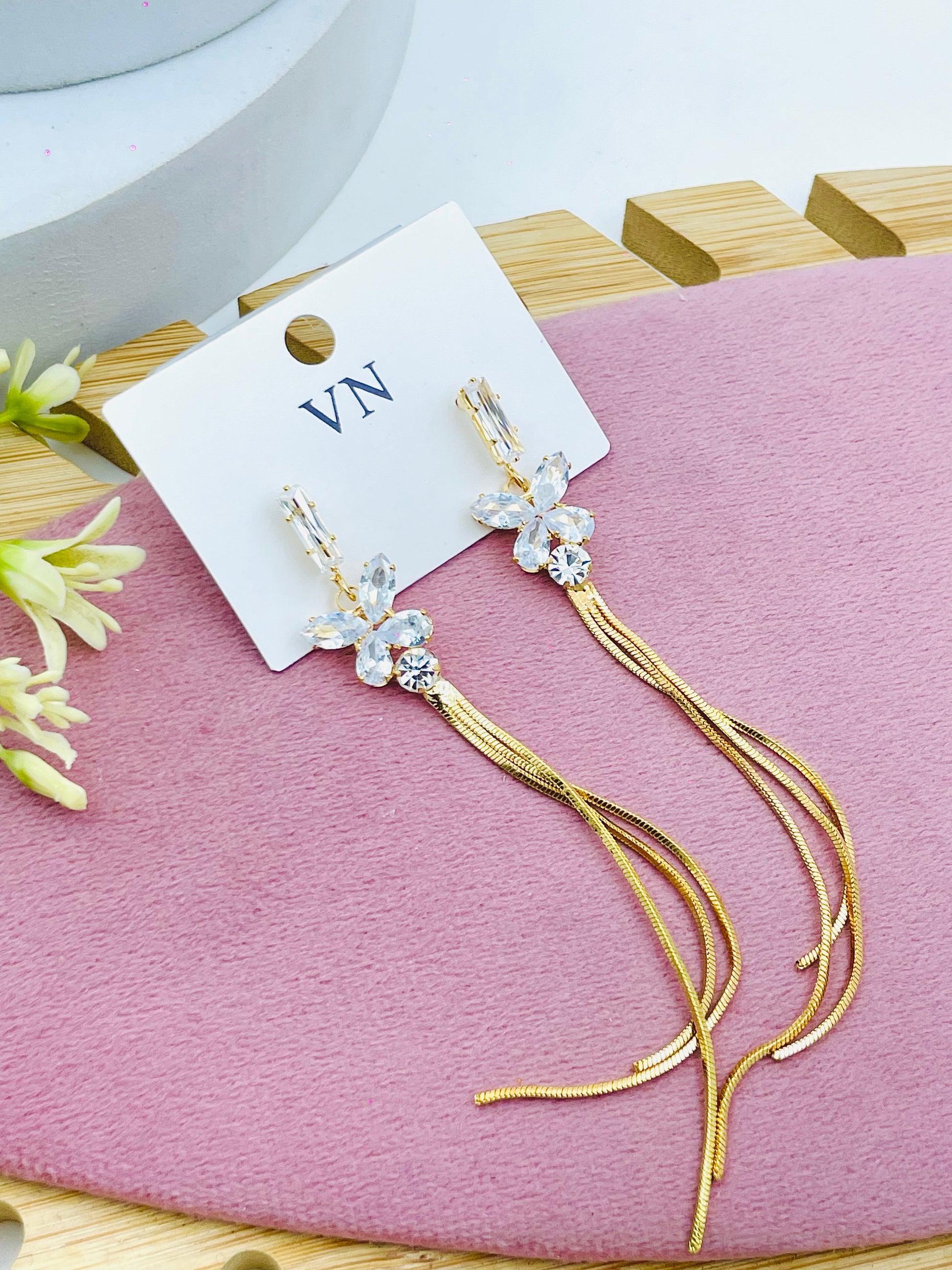 Elegant Floral Crystal Gold Dangle Earrings