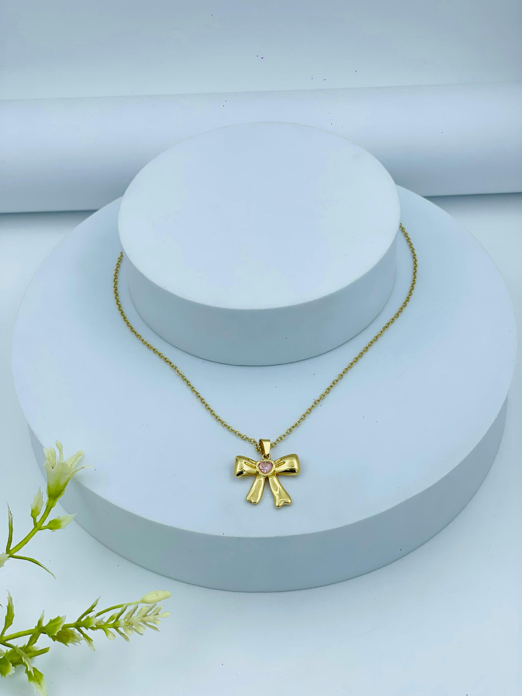 Gold Bow Pendant Necklace – Anti-Tarnish Chain with Pink Stone Accent
