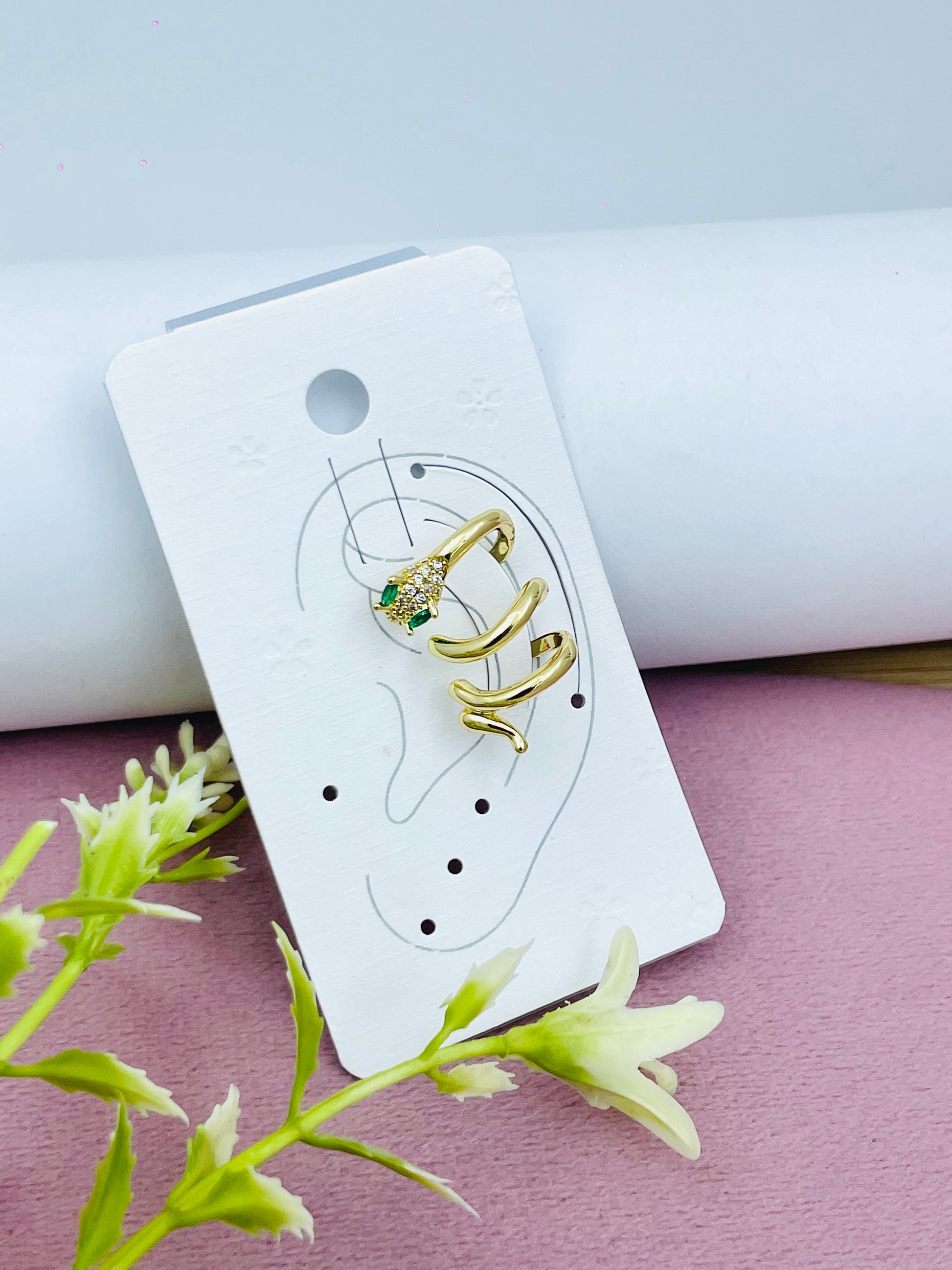 Stylish Gold Triple Row Ear Cuff with Emerald Accent Pack of 1