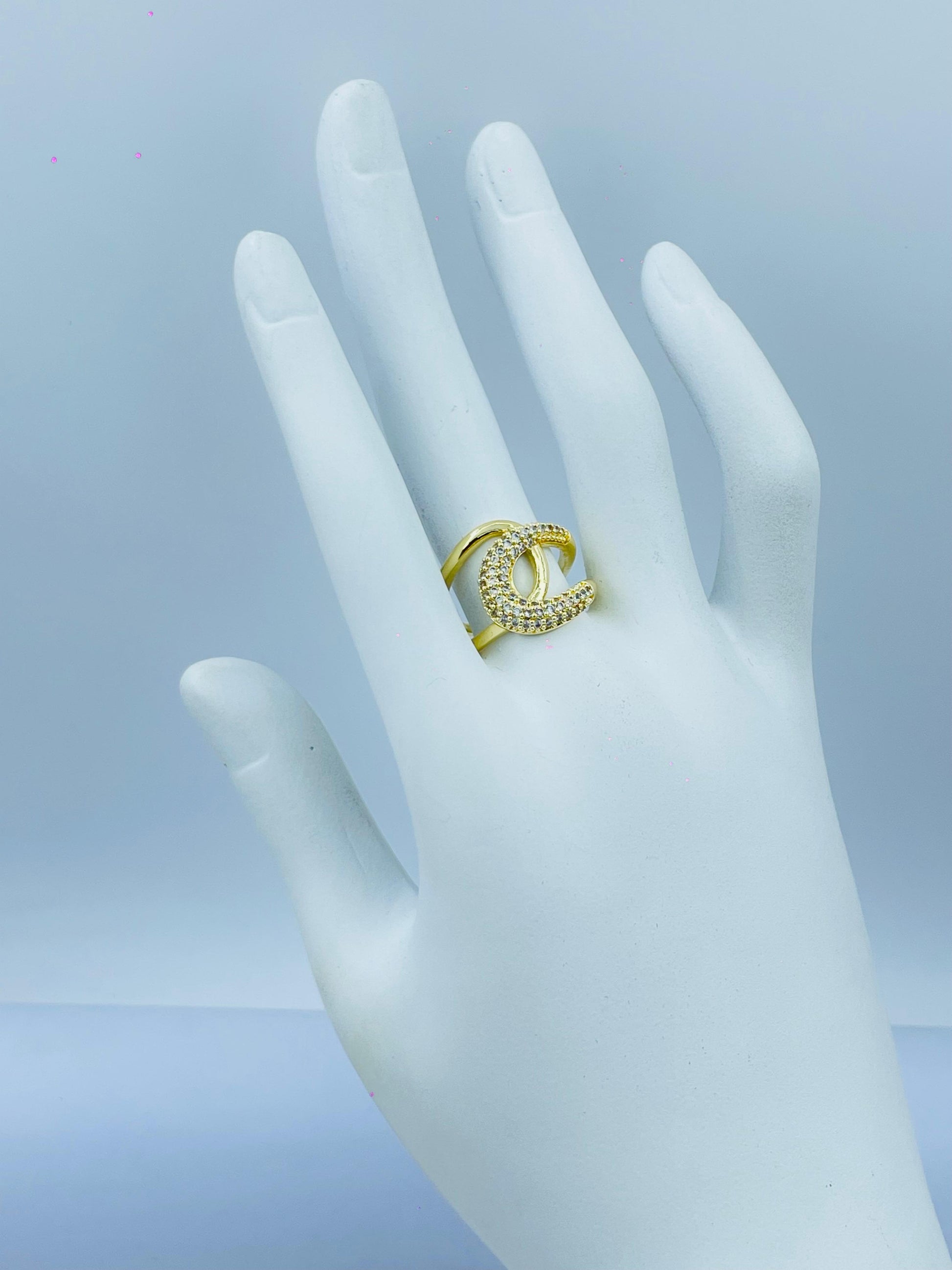 Gold Ring with Crystal C Shape Design