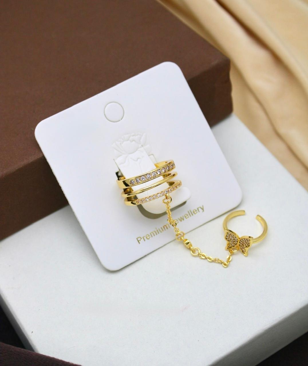 Gold Plated Double Finger Ring with Butterfly Charm