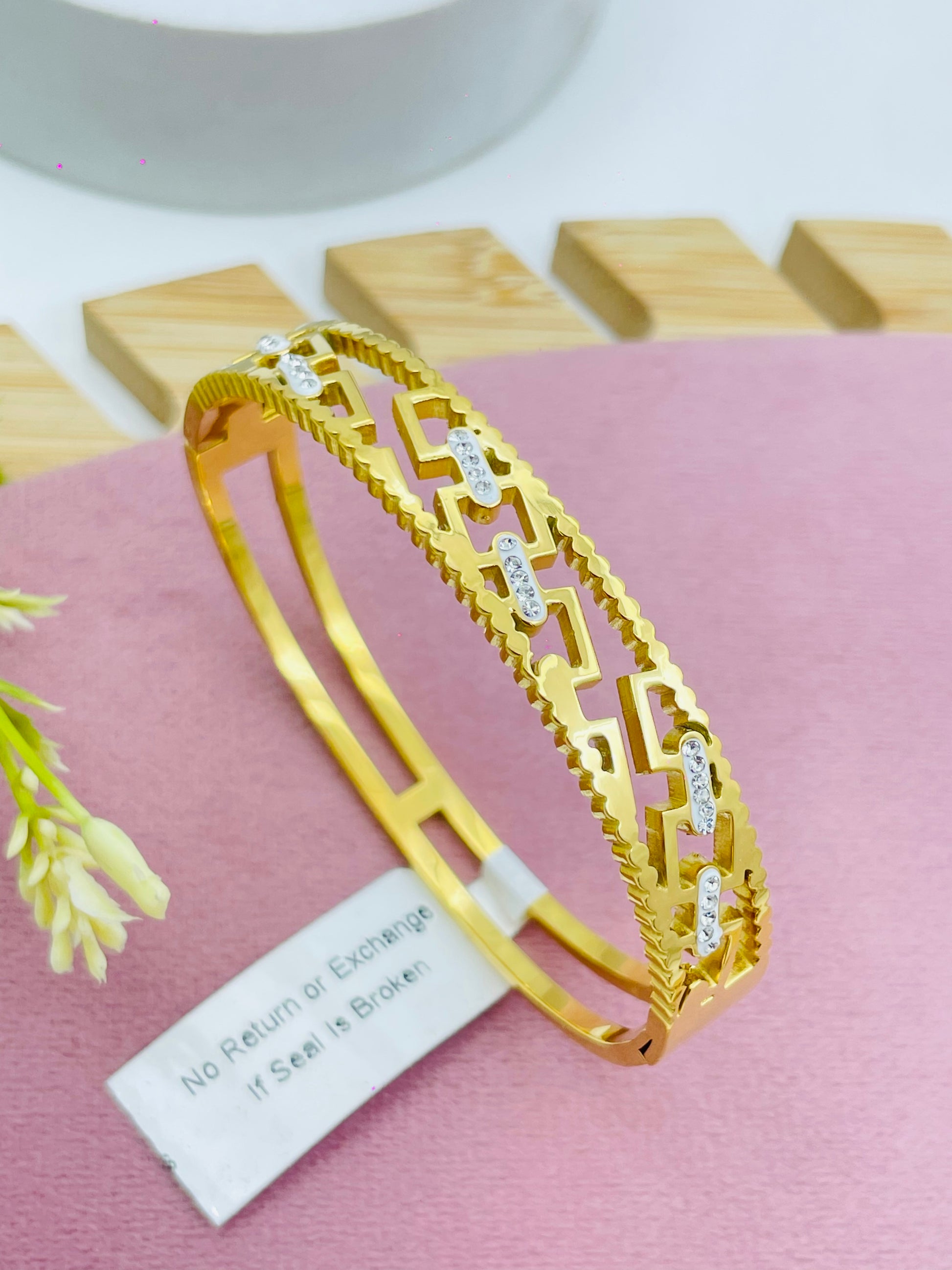 Stylish Gold Plated Geometric Bracelet with Diamond Accents