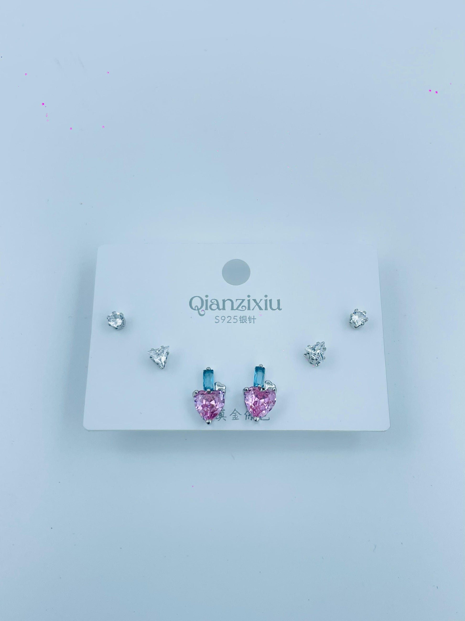 Silver Heart & Crystal Stud Earring Combo Set – 3 Pairs