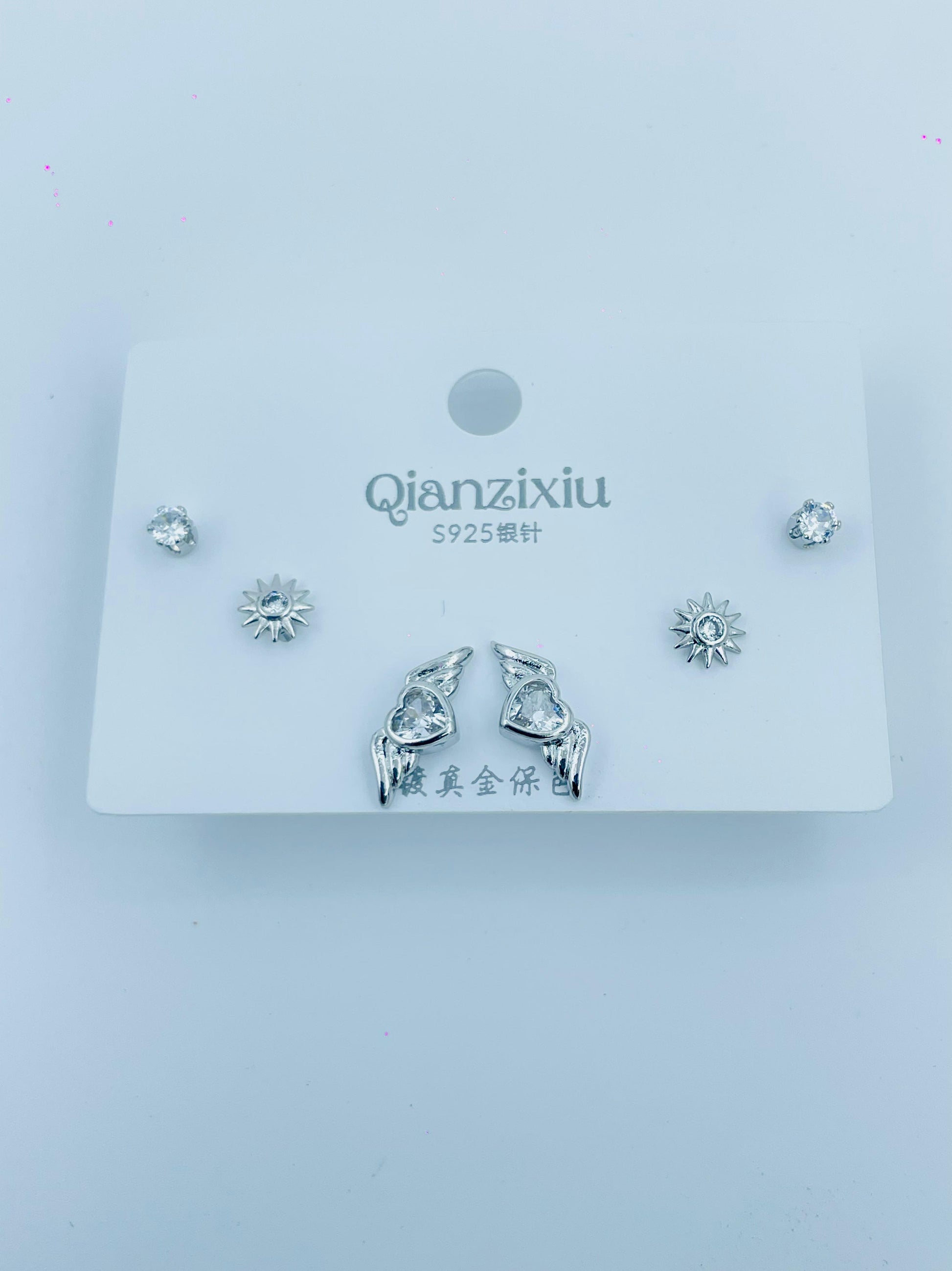 Silver Winged Heart & Sun Stud Earrings Combo Set – Stylish 3-Pair Jewelry for Women & Girls