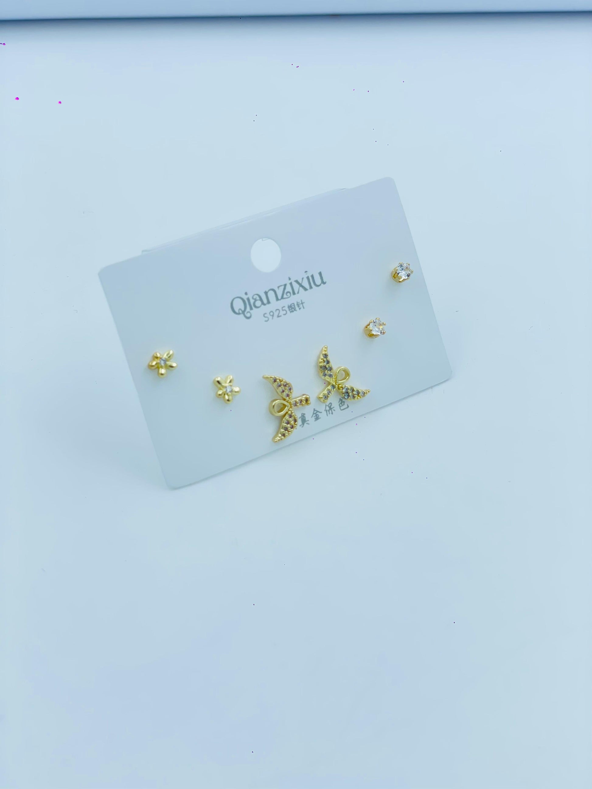 3-Pair Gold Stud Earring Set – Moon, Bow & Crystal-Inspired Design