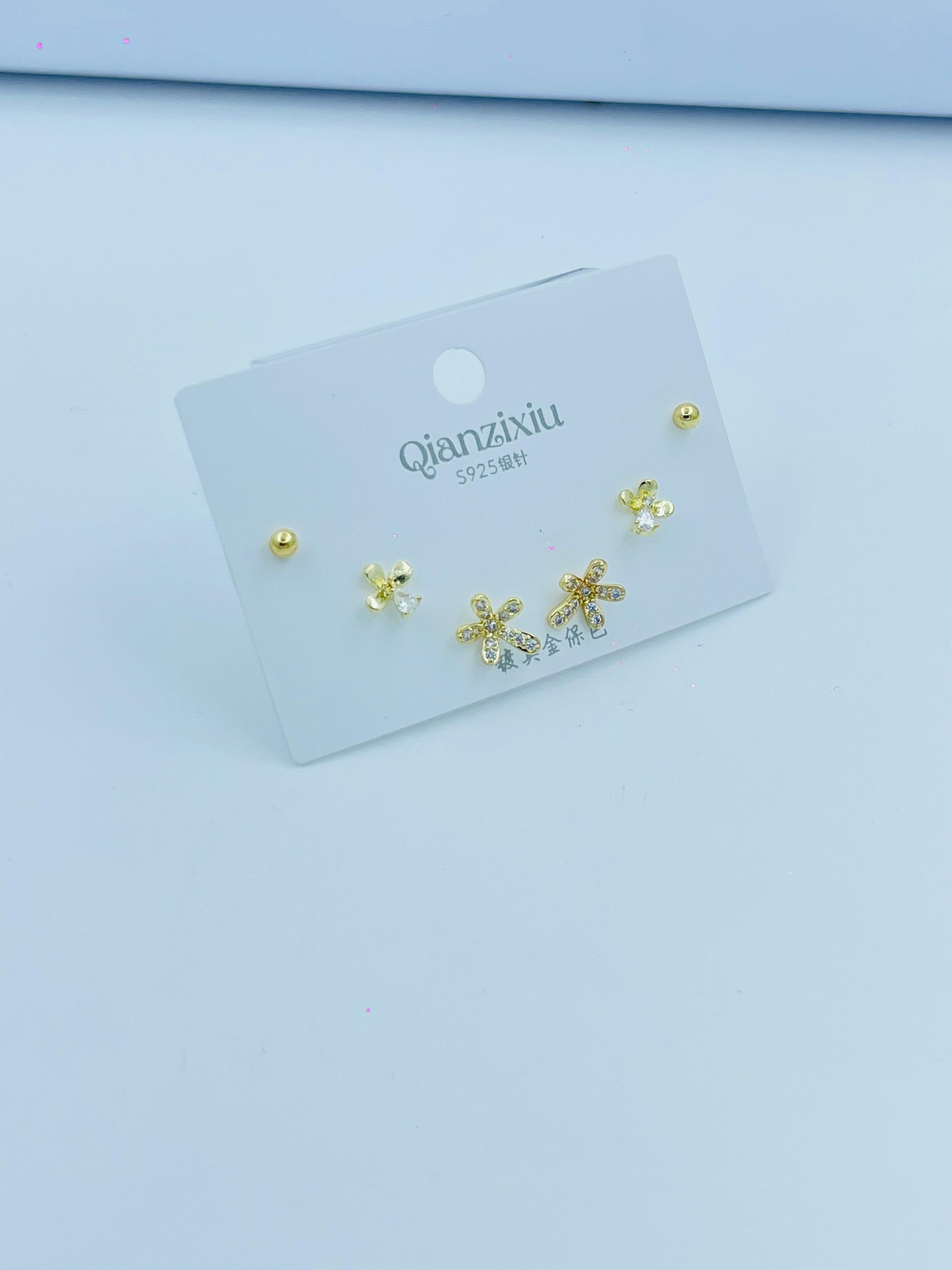 3-Pair Gold Stud Earring Set – Dainty Floral & Crystal Accent Combo