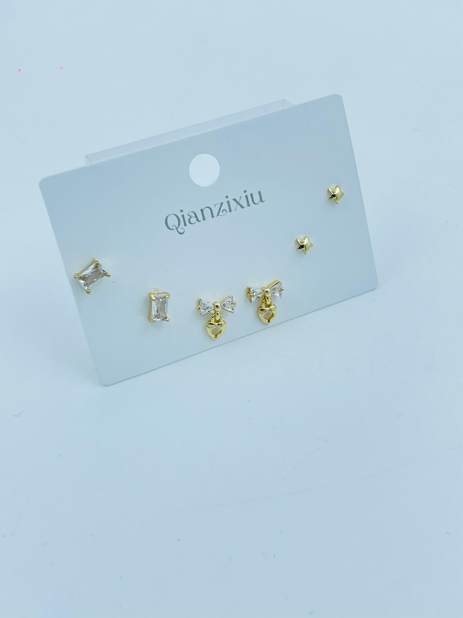 3-Pair Gold Stud Earring Set – Star, Crystal & Bow Drop Designs