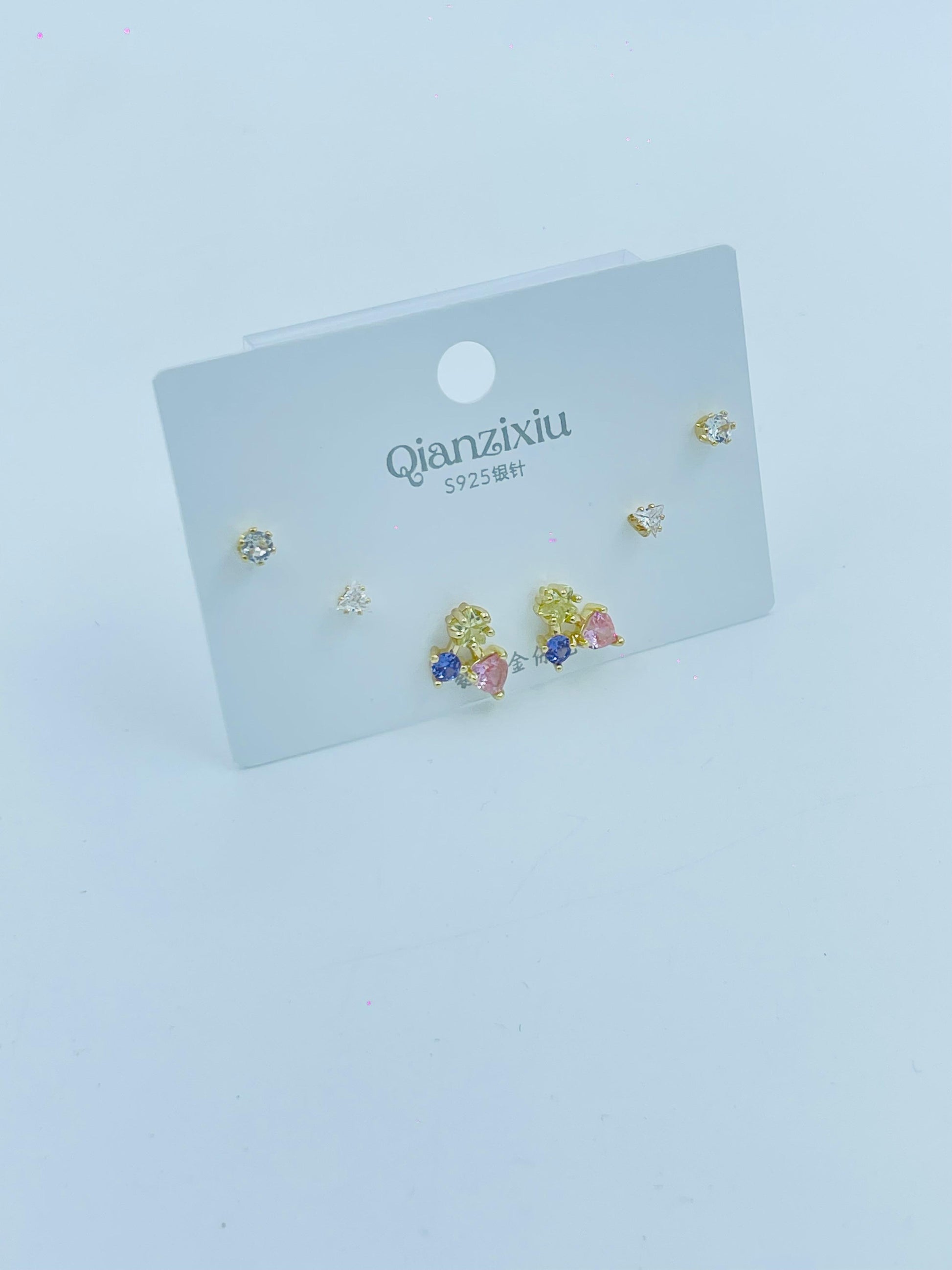 3-Pair Gold Stud Earring Set – Crystal, Heart & Colorful Bow Designs