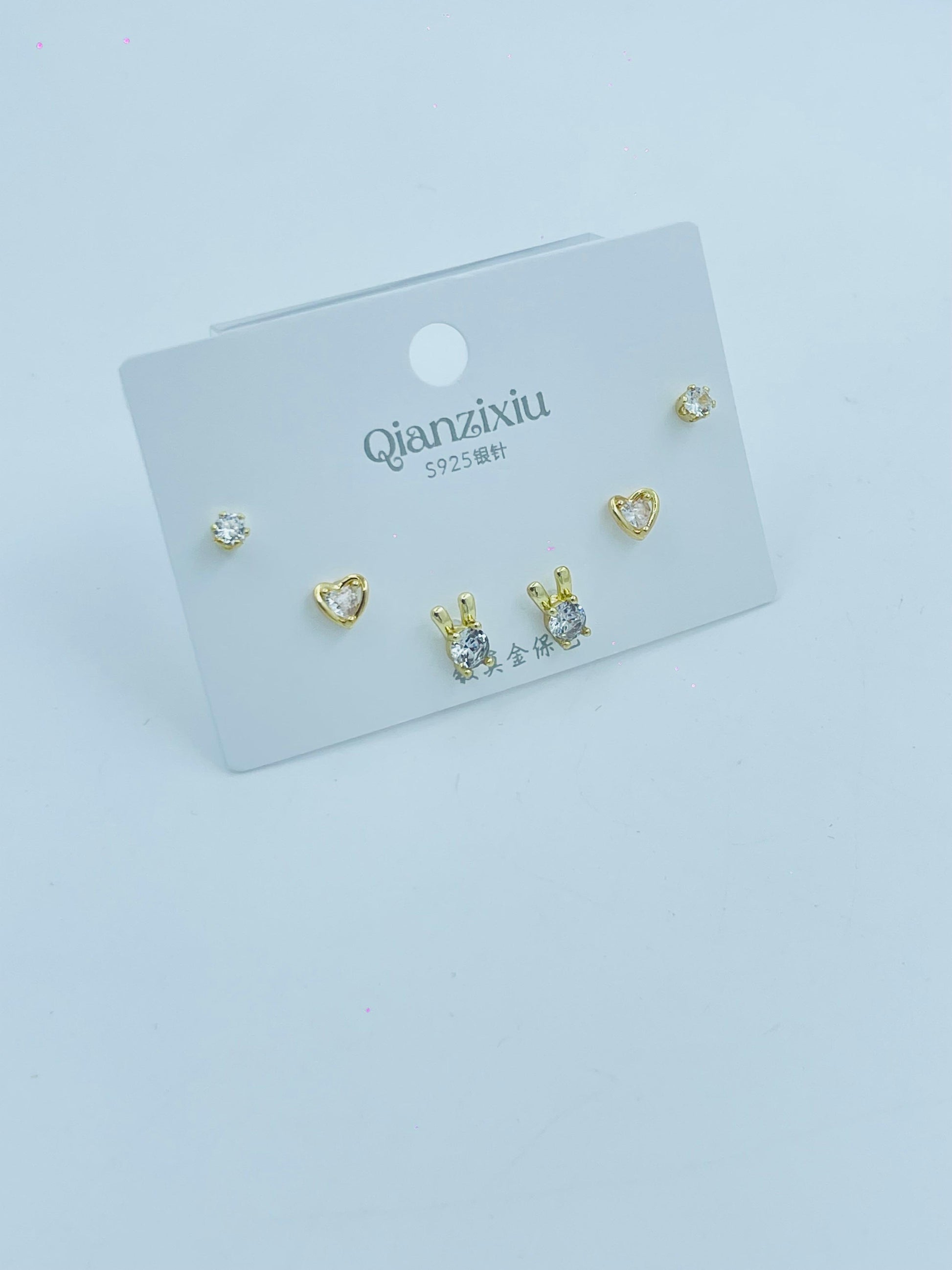 3-Pair Gold Stud Earring Set – Crystal Cat, Pearl Cone & Minimalist Designs