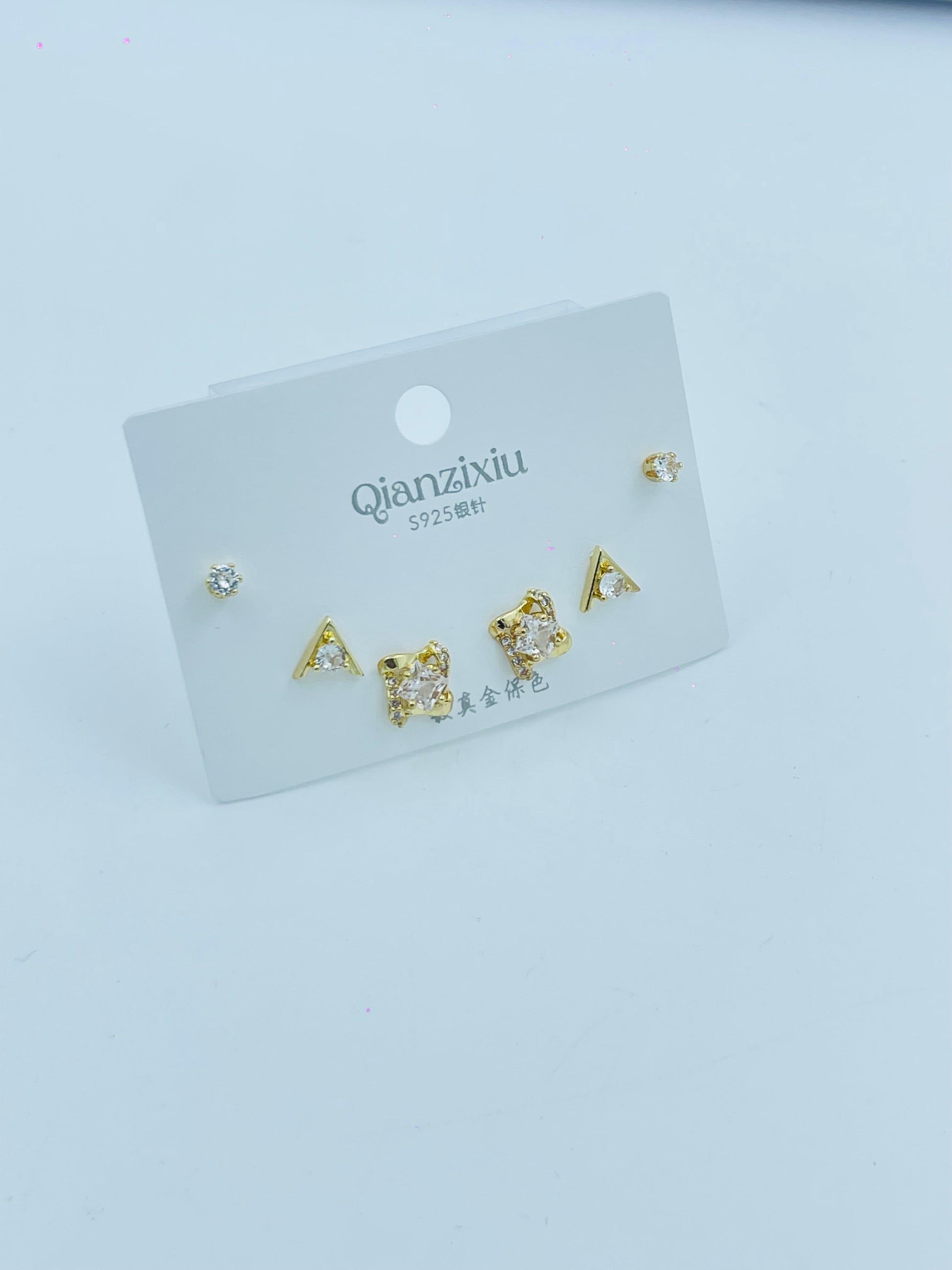 3-Pair Gold Stud Earring Set – Bow, Triangle & Crystal Designs for Women