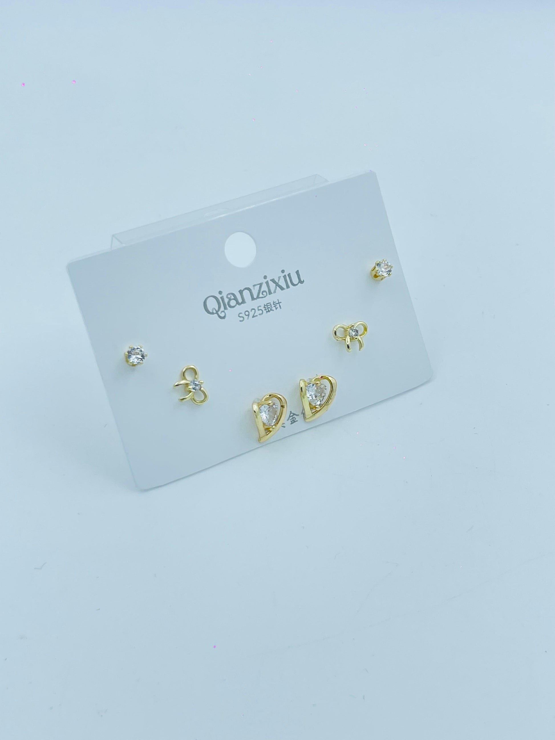 3-Pair Gold Stud Earring Set – Heart, Bow & Crystal Studs for Women and Girls