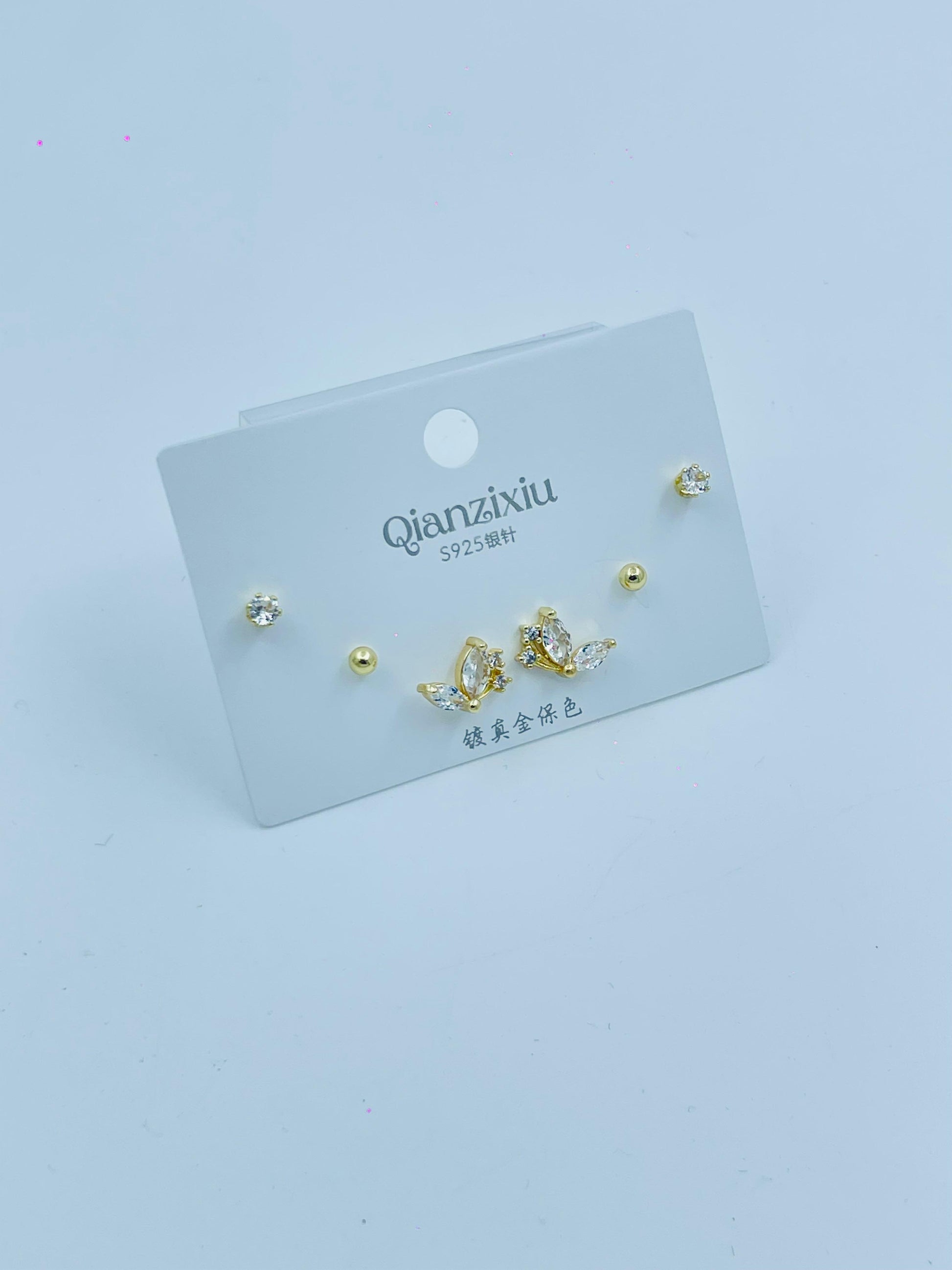 3-Pair Gold Stud Earring Set – Butterfly, Crystal & Ball Studs for Women