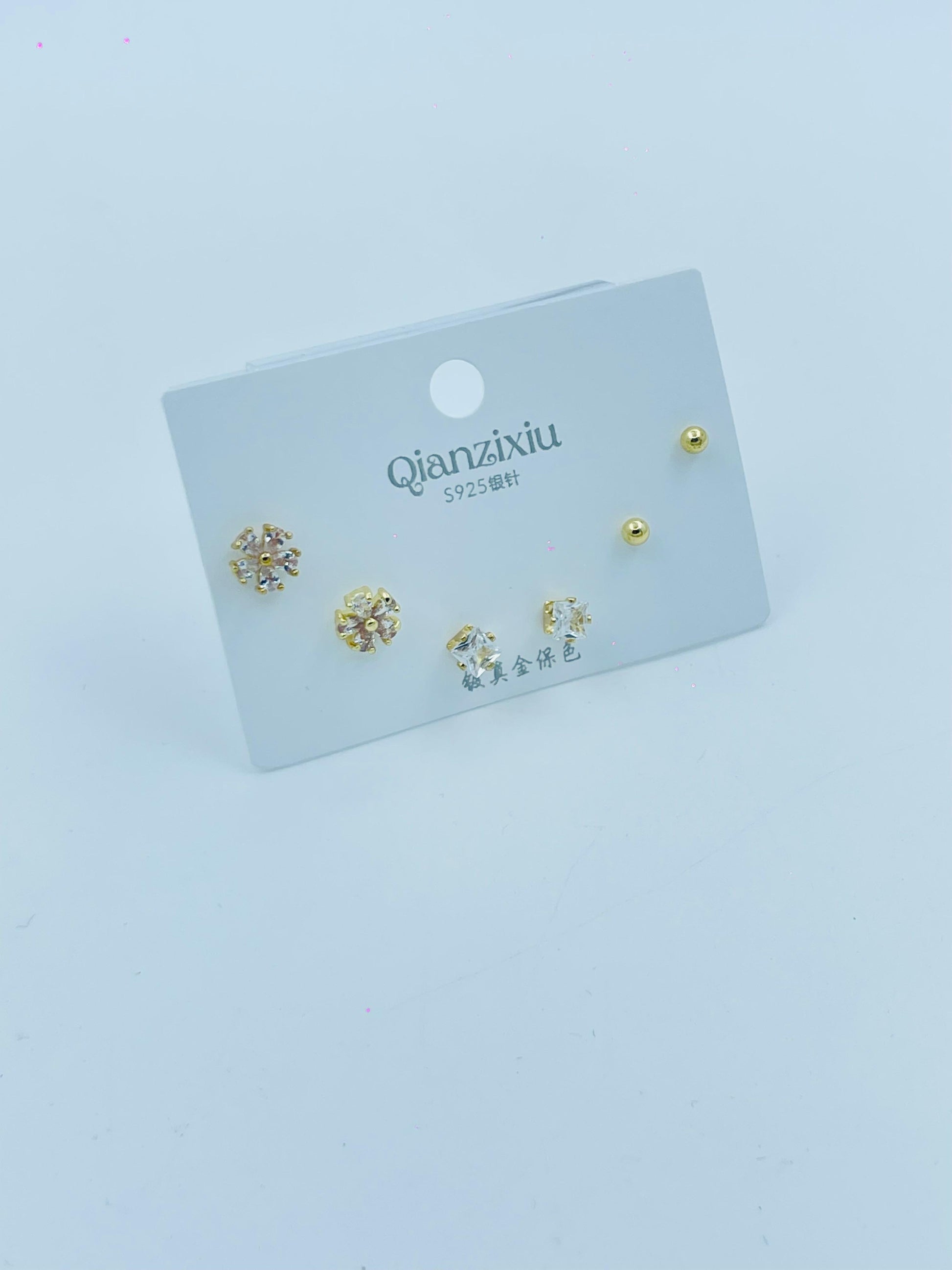 Elegant 3-Pair Gold Stud Earring Set – Qianzixiu S925