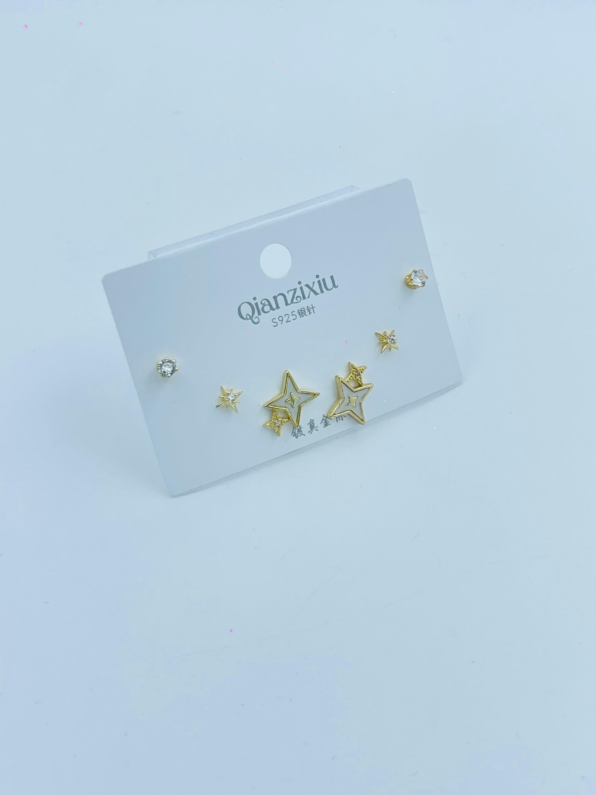 Celestial Star Earring Set – 3-Pair Gold Stud Combo by Qianzixiu