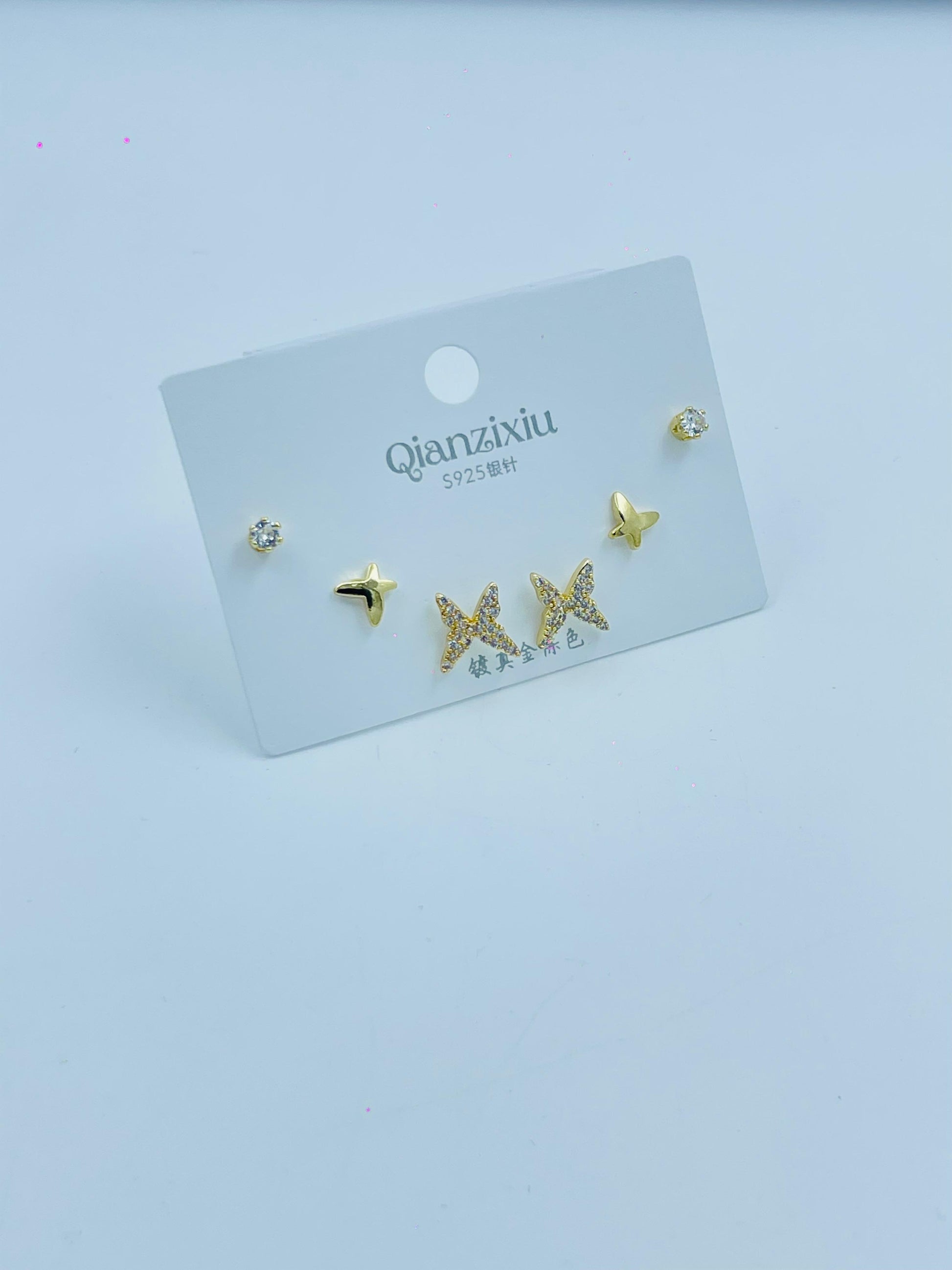 Golden Butterfly Earring Set – 3-Pair Crystal & Stud Combo