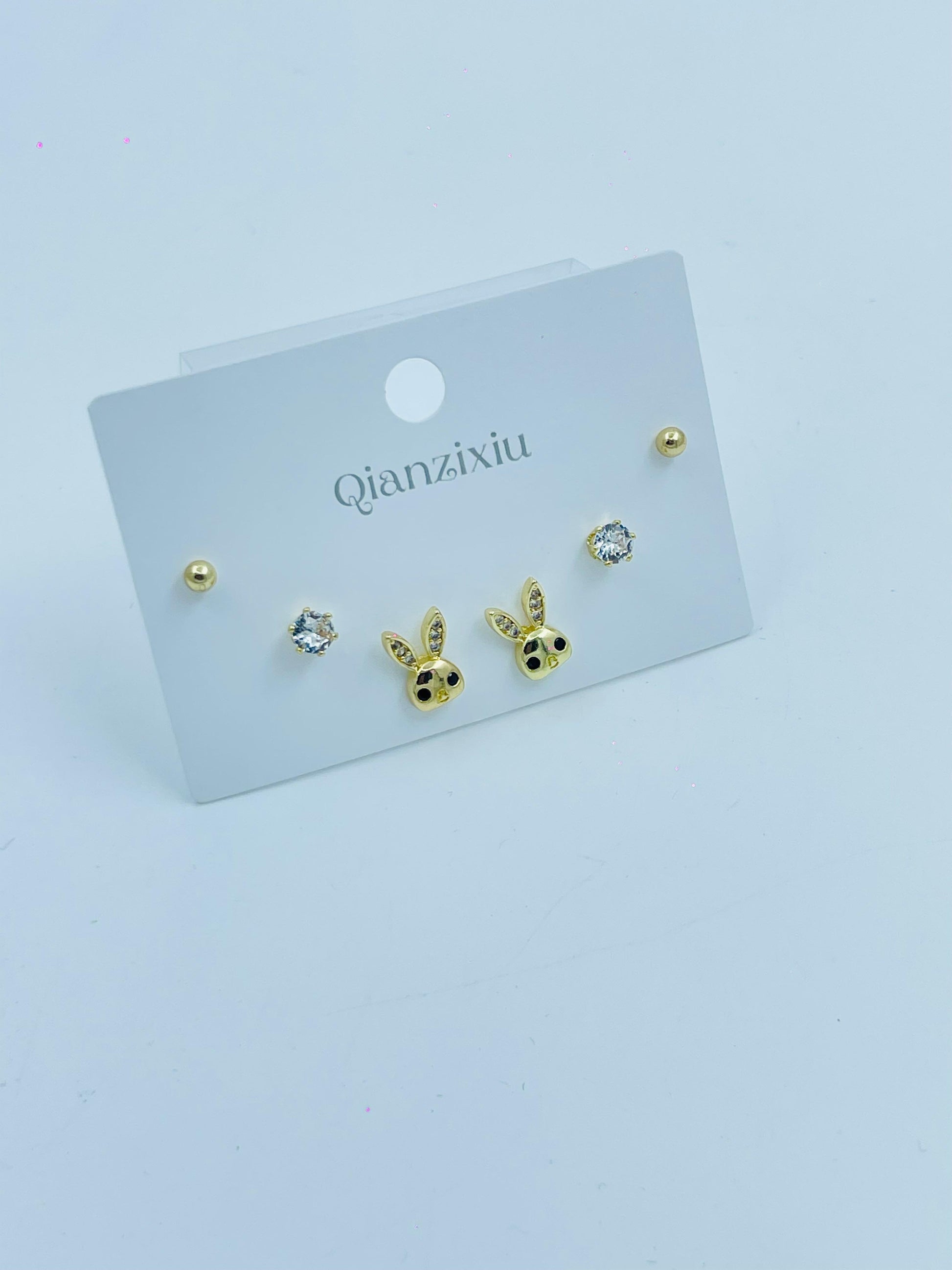 Cute Bunny & Crystal Stud Earrings – 3-Pair Gold Set by Qianzixiu