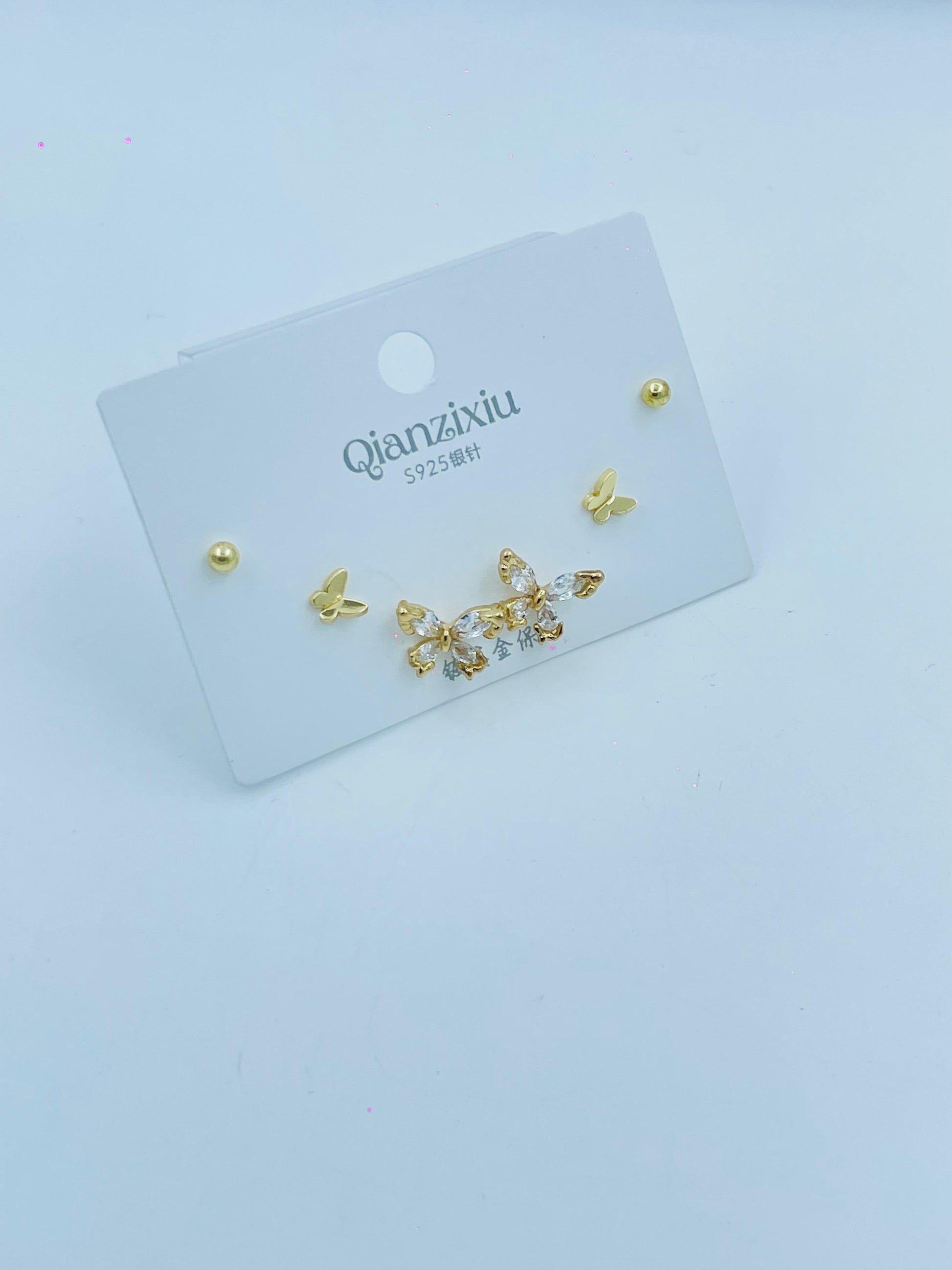 Elegant Butterfly Earring Set – 3-Pair Gold & Crystal Studs