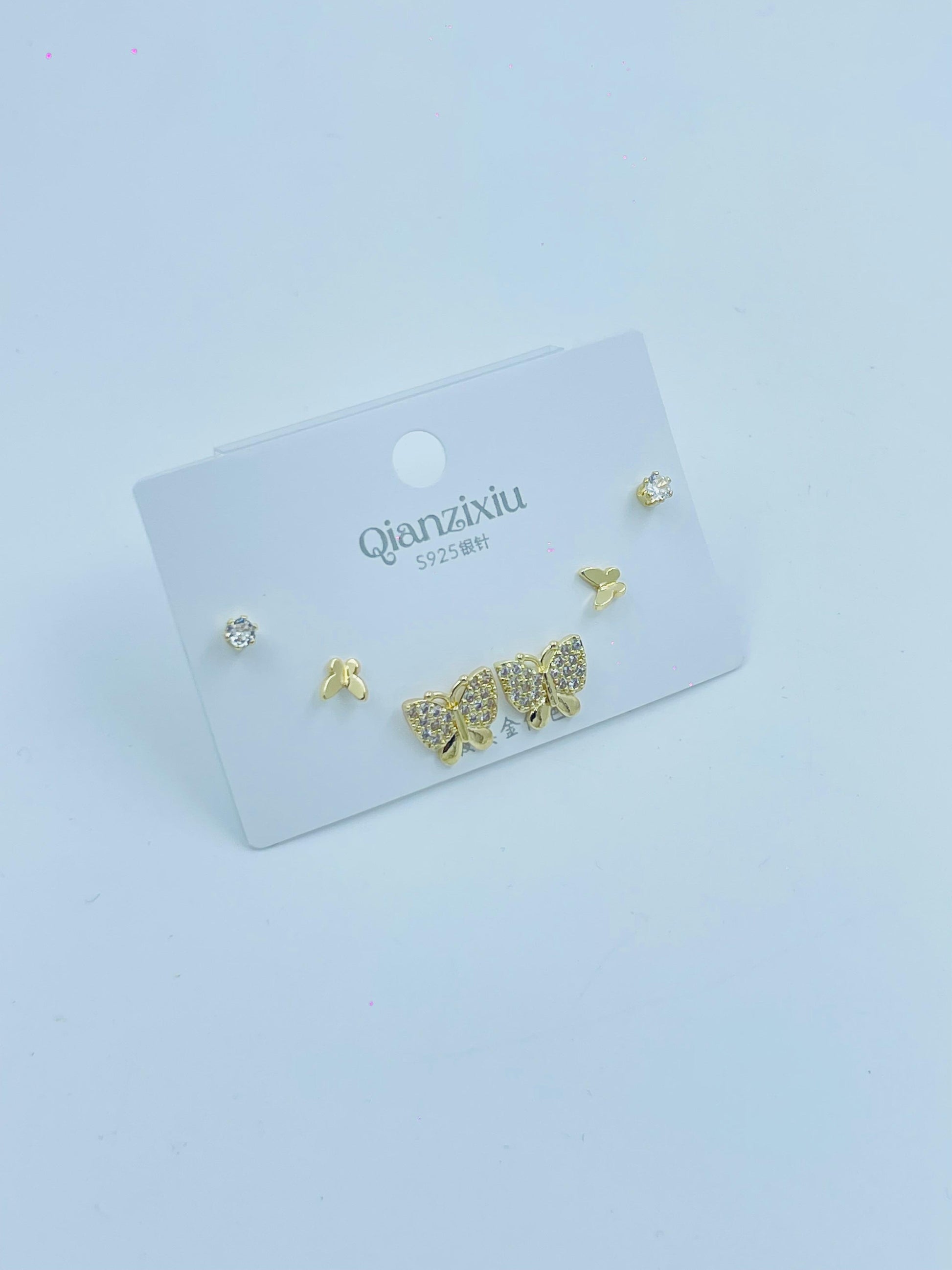 Sparkling Butterfly Earring Set – 3-Pair Crystal & Gold Studs