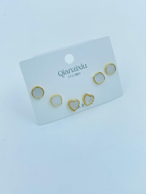 3 Pair Combo Minimalist Gold Stud Earrings Set | Heart, Round & Square Design