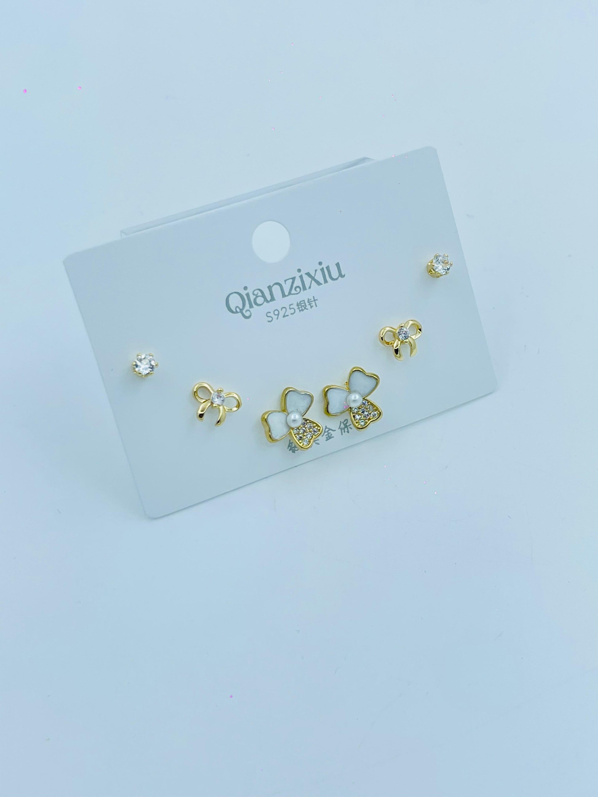 Elegant 3 Pair Combo Gold Stud Earrings Set | Bow, Pearl & Crystal Design