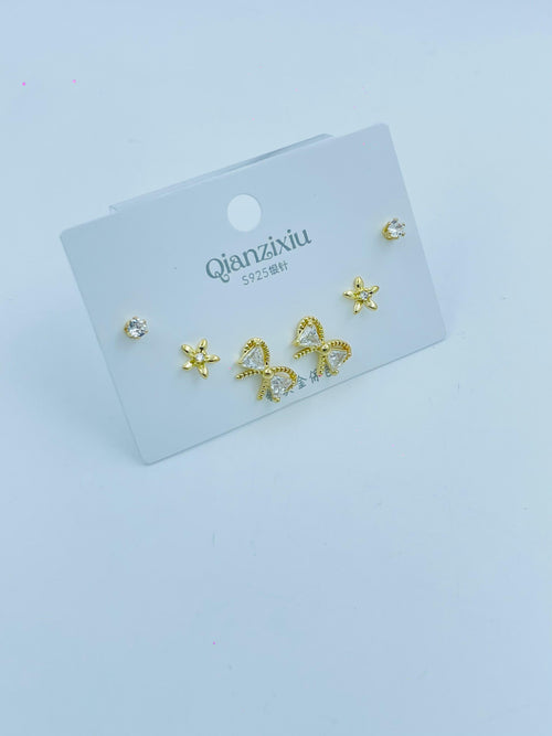 3 Pair Gold Stud Earrings Set | Star, Heart & Crystal Combo