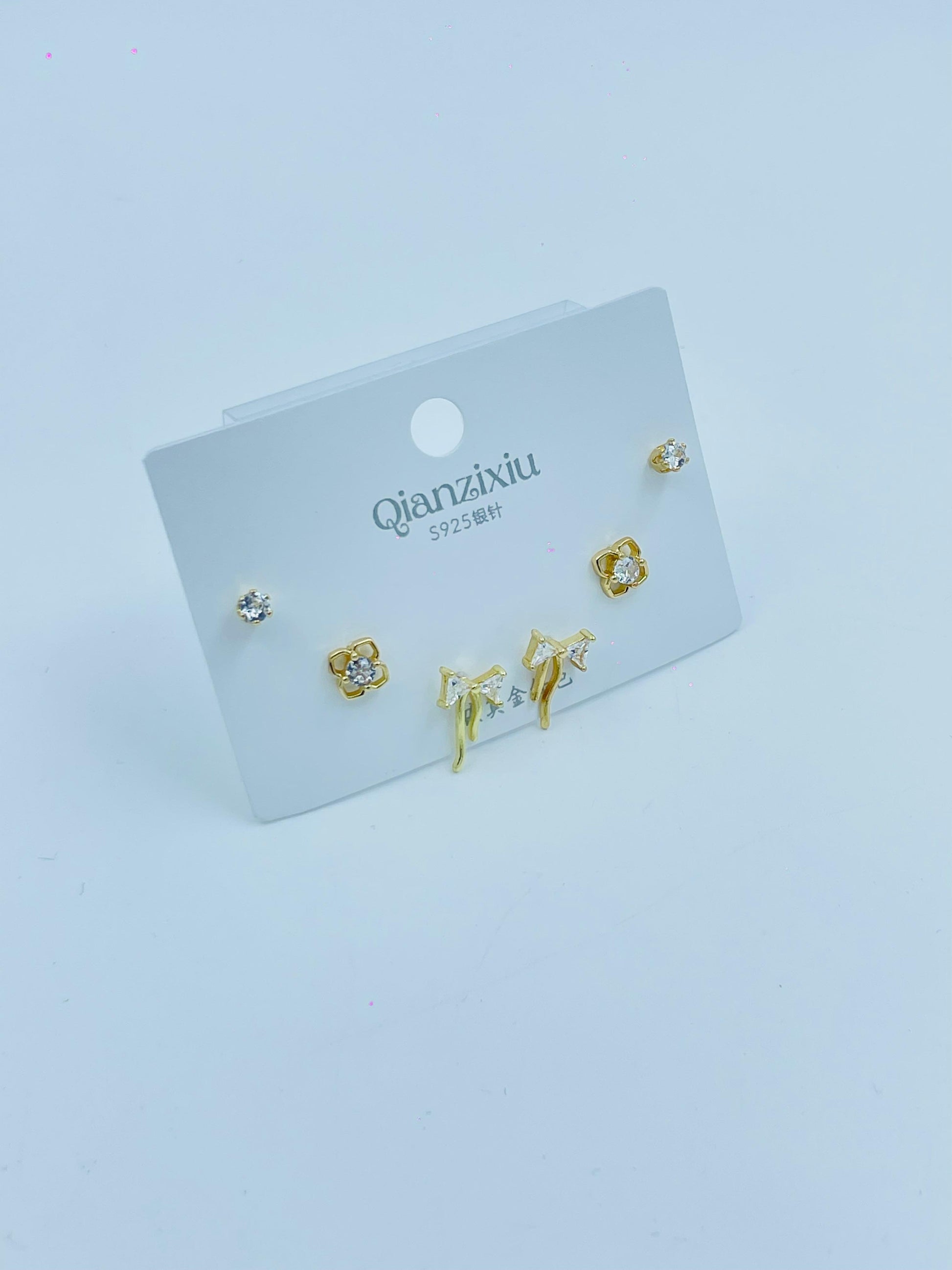Chic 3 Pair Gold Stud Earrings Set | Floral, Bow & Crystal Designs